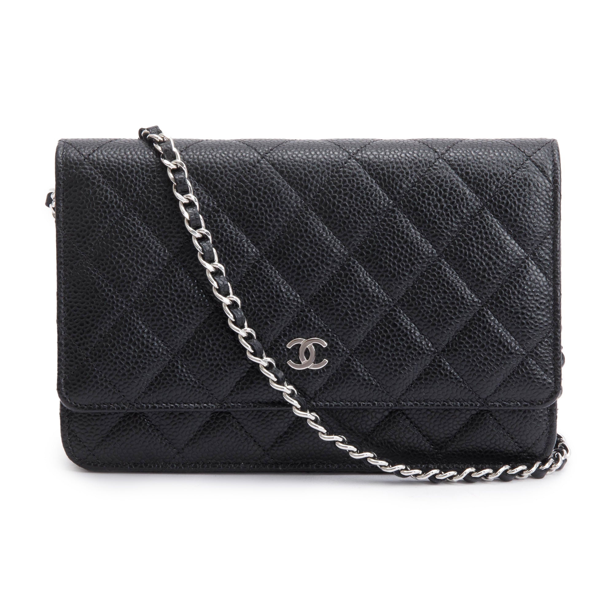 Chanel 2022 Black Quilted Caviar Leather Classic Wallet on Chain