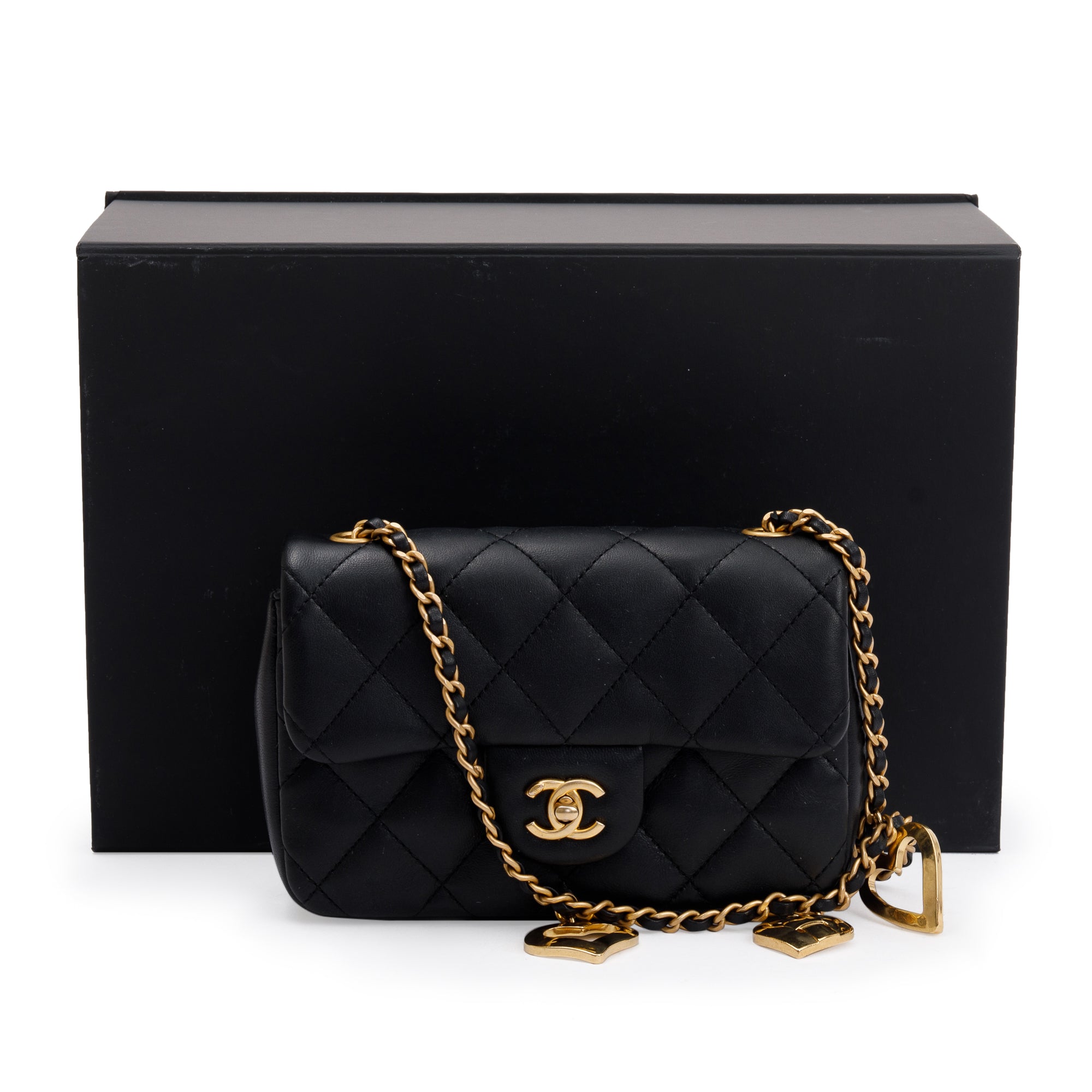 Chanel 2022 Black Quilted Lambskin Heart Charms Mini Flap Bag w/ Box