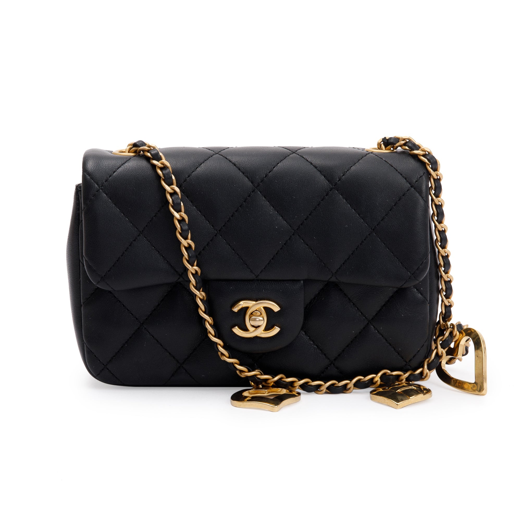 Chanel 2022 Black Quilted Lambskin Heart Charms Mini Flap Bag w/ Box