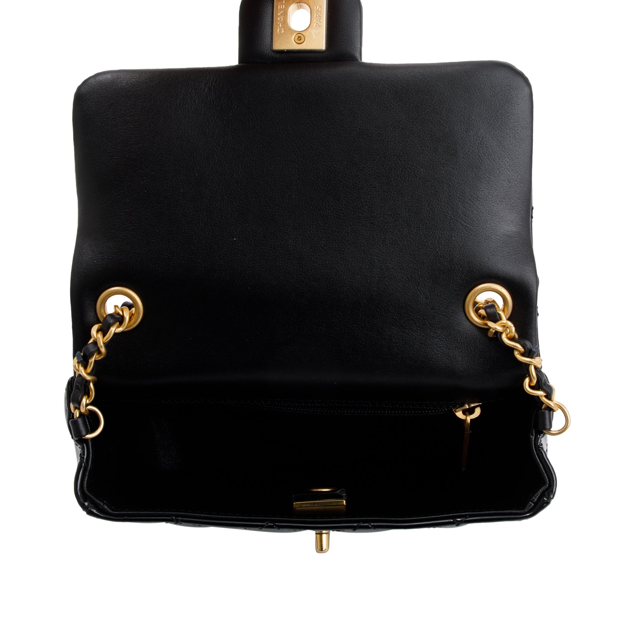 Chanel 2022 Black Quilted Patent Leather Coco De Toi Heart Square Mini Flap Bag w/ Box