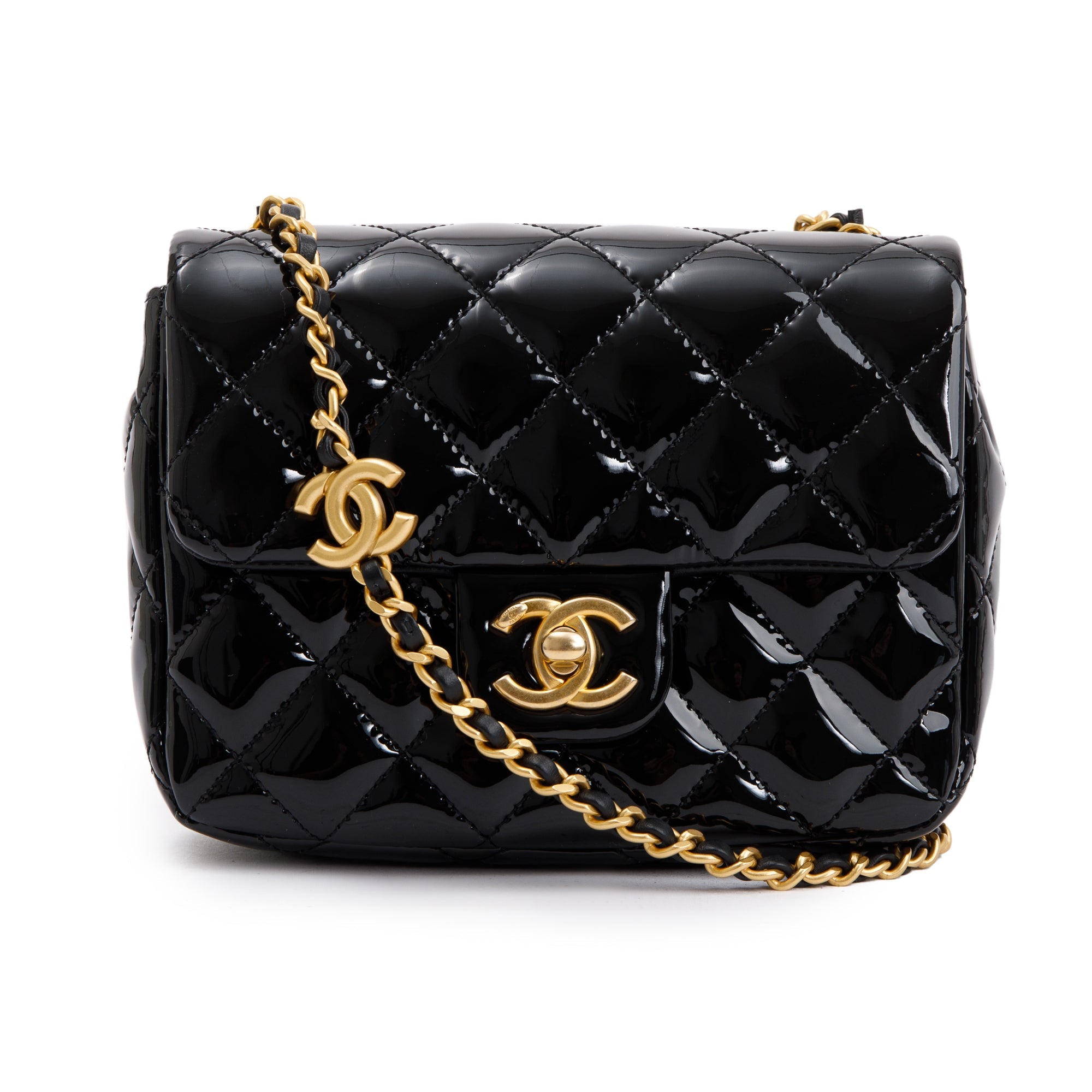 Chanel 2022 Black Quilted Patent Leather Coco De Toi Heart Square Mini Flap Bag w/ Box