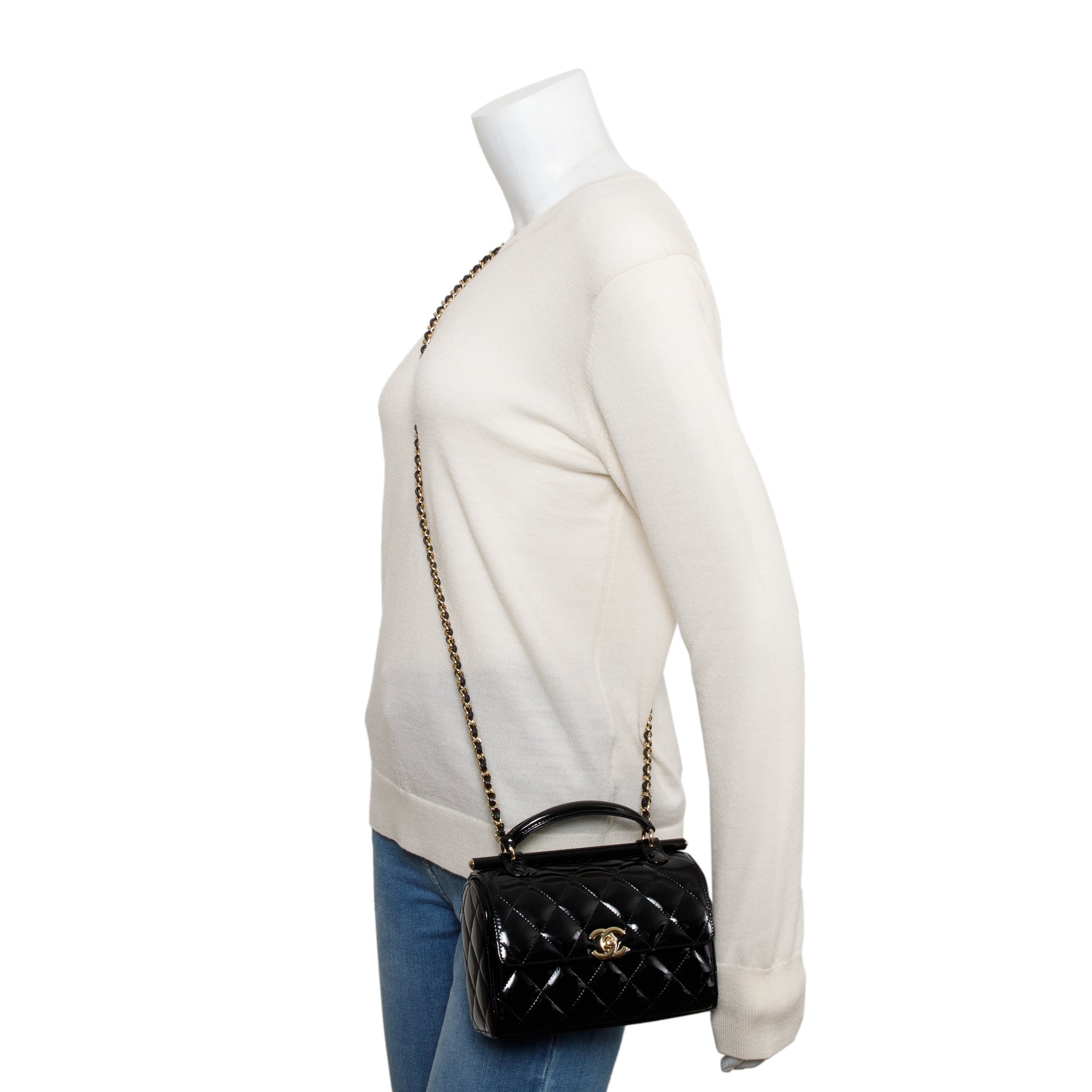 Chanel 2022 Black Quilted Patent Leather Mini Top Handle Flap Bag w/ Receipt