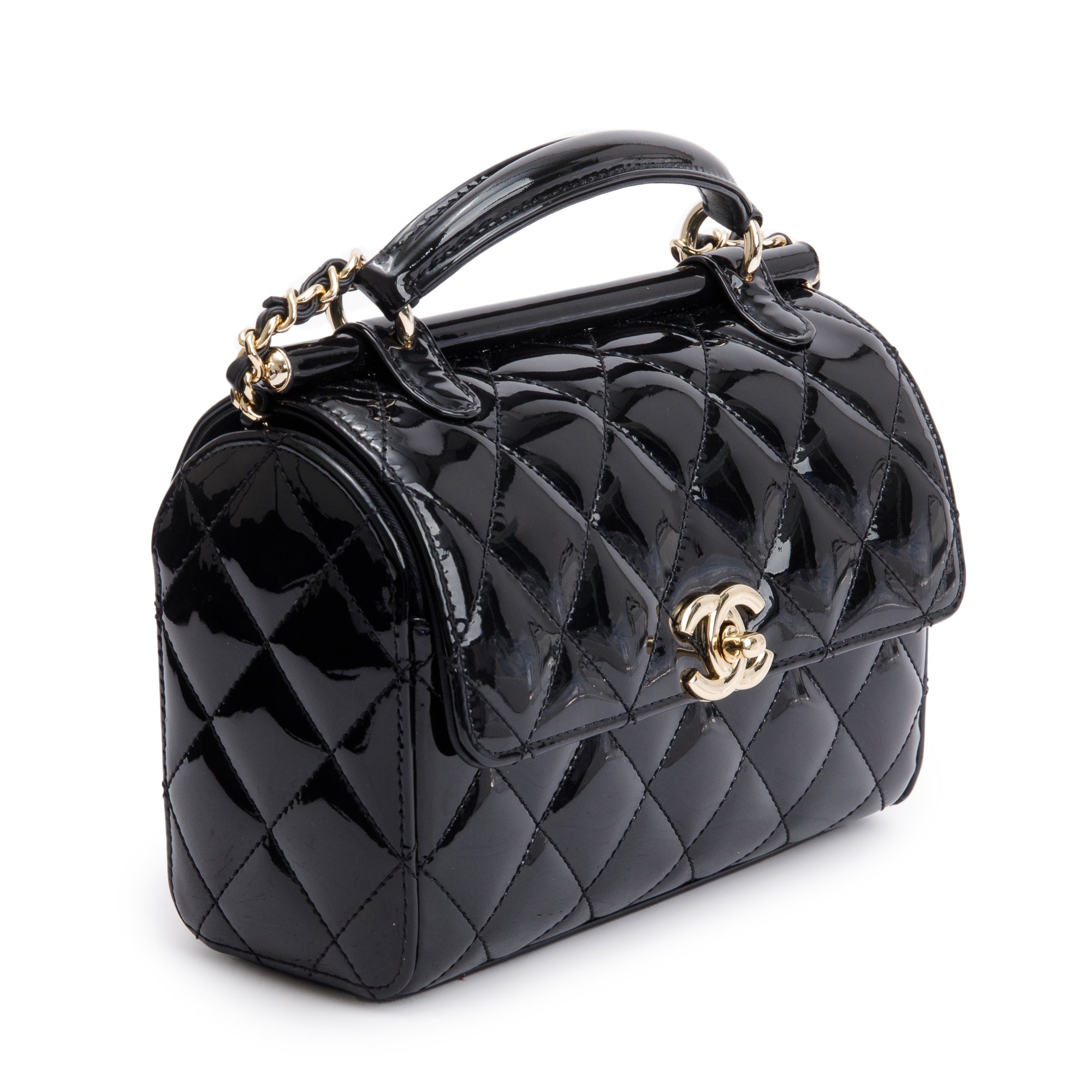 Chanel 2022 Black Quilted Patent Leather Mini Top Handle Flap Bag w/ Receipt