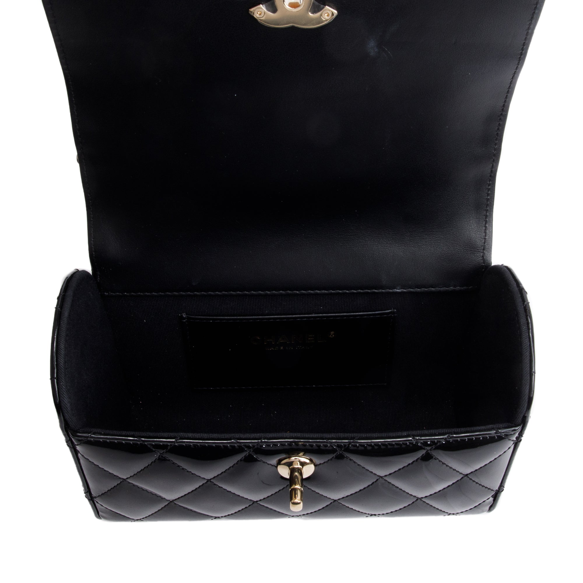 Chanel 2022 Black Quilted Patent Leather Mini Top Handle Flap Bag w/ Receipt