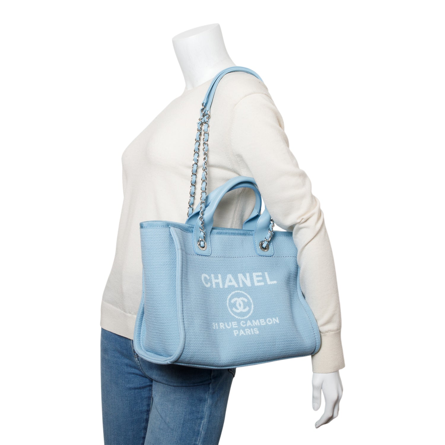 Chanel 2022 Blue Mixed Fibers Small Deauville Tote w/ Pouch & Box