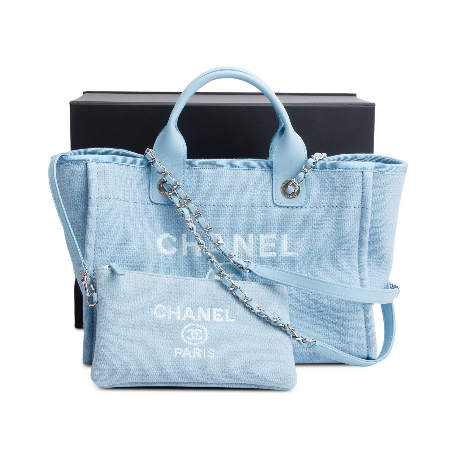 Chanel 2022 Blue Mixed Fibers Small Deauville Tote w/ Pouch & Box