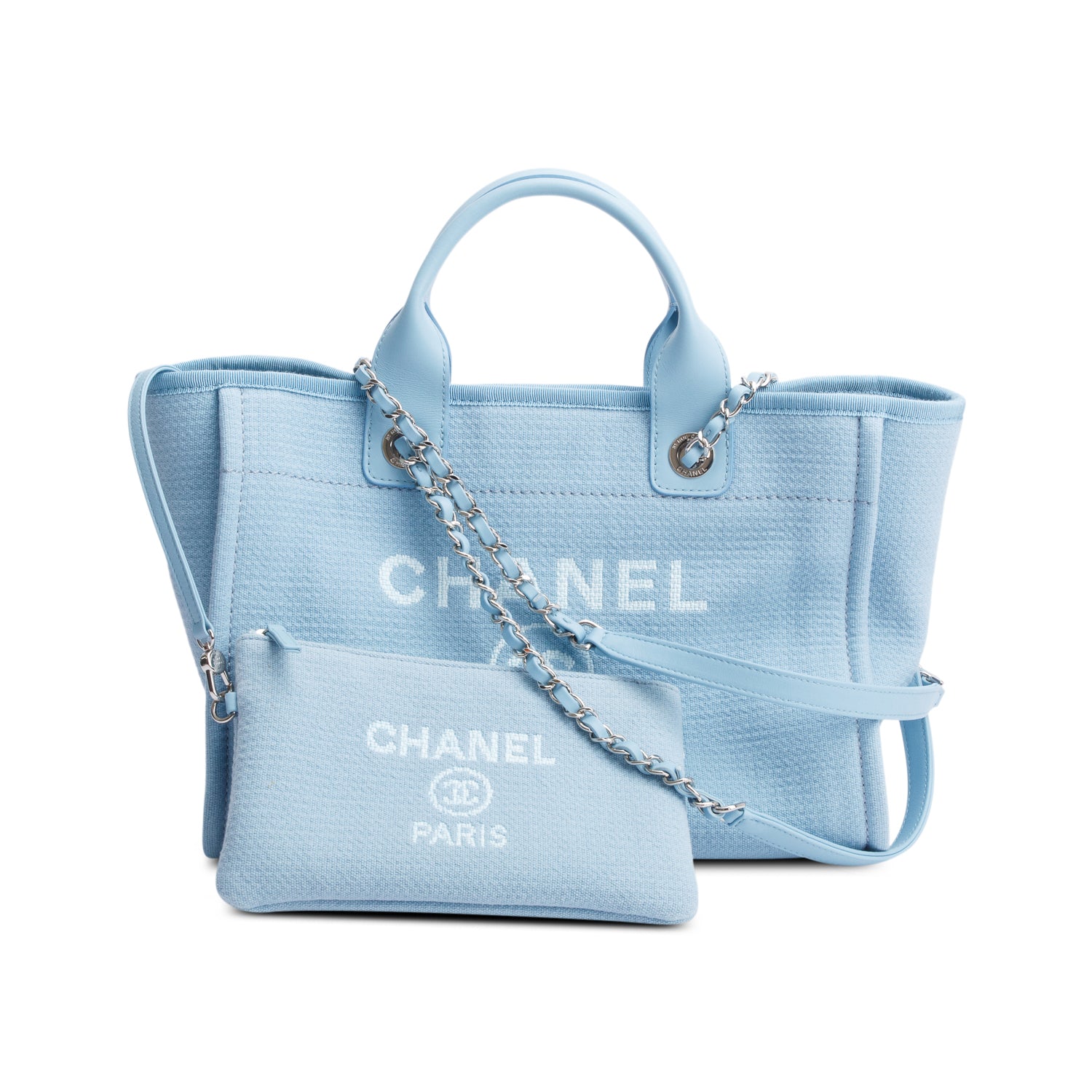 Chanel 2022 Blue Mixed Fibers Small Deauville Tote w/ Pouch & Box