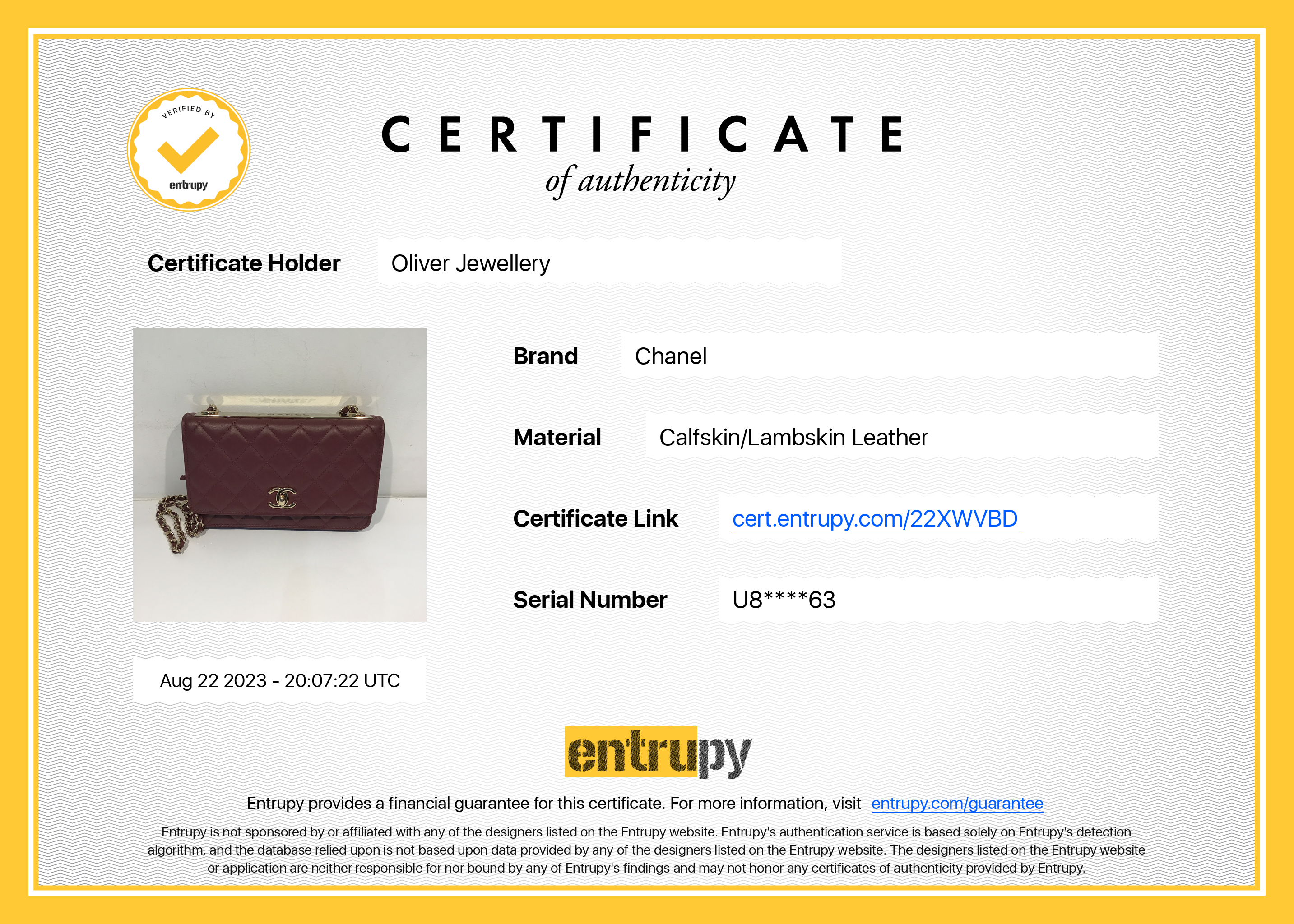 Chanel 2022 Burgundy Lambskin Leather Trendy Wallet on Chain w/ Box & Receipt