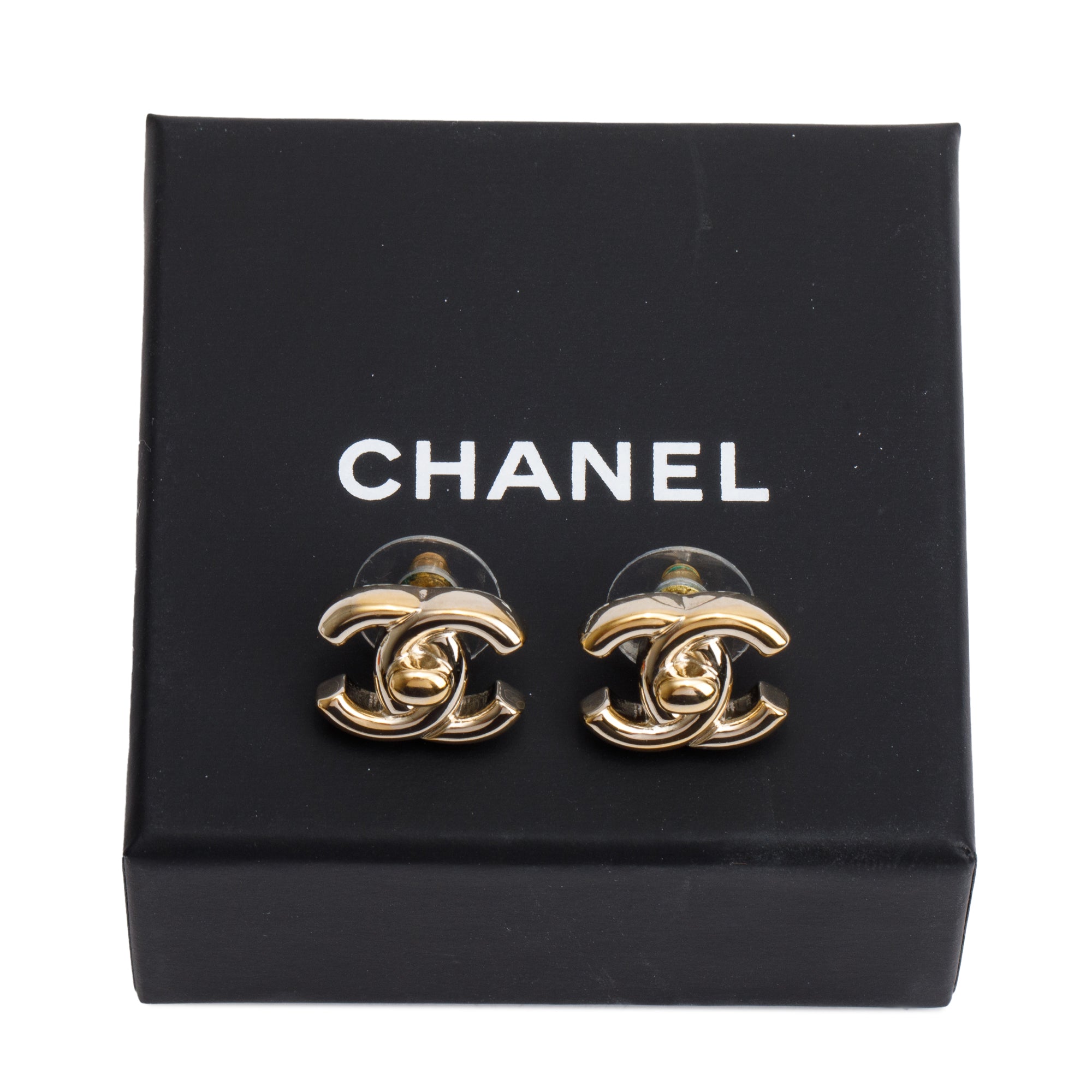 Chanel 2022 Gold Plated CC Turnlock Stud Earrings w/ Box
