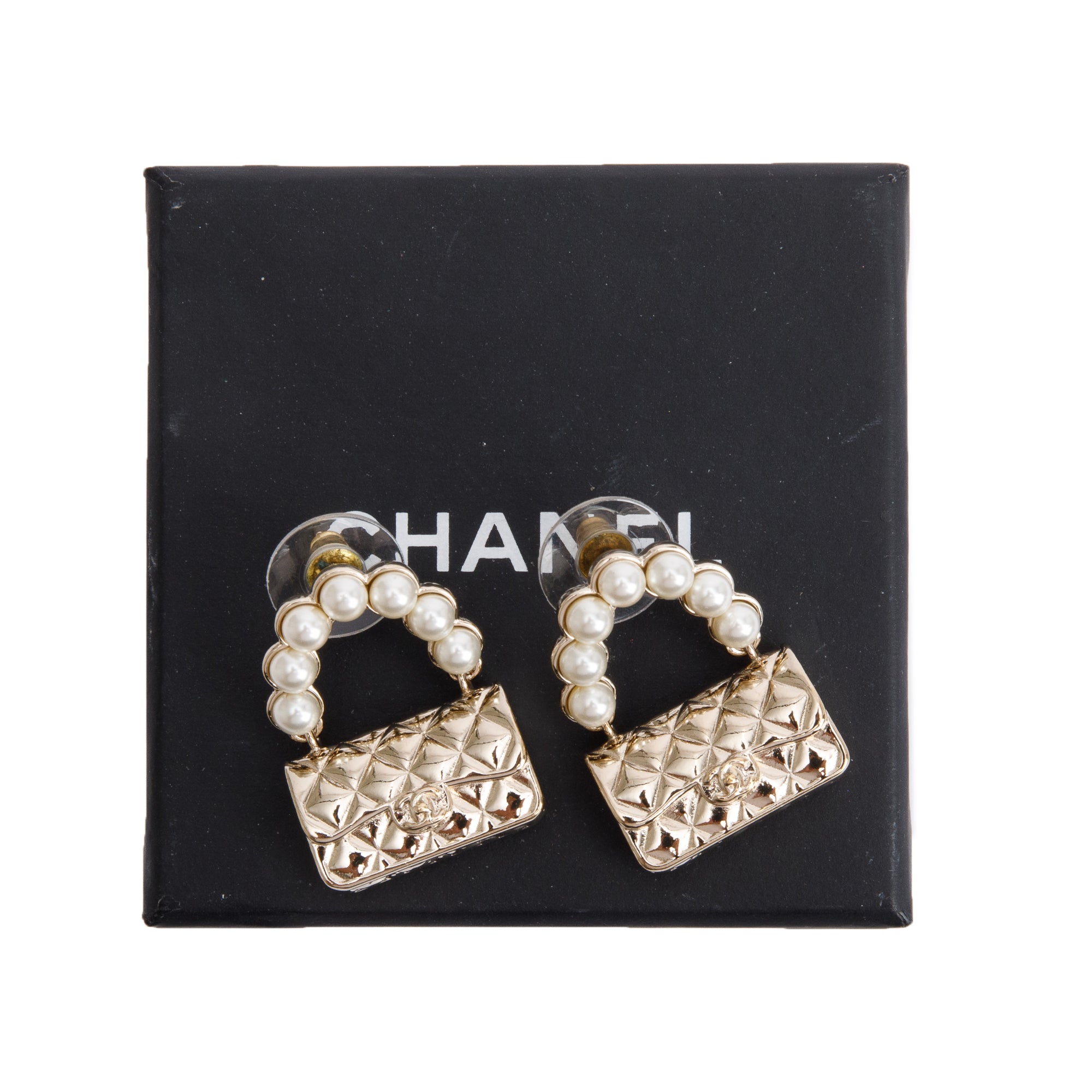 Chanel 2022 Gold Plated Faux Pearl Purse Drop Earrings w/ Box