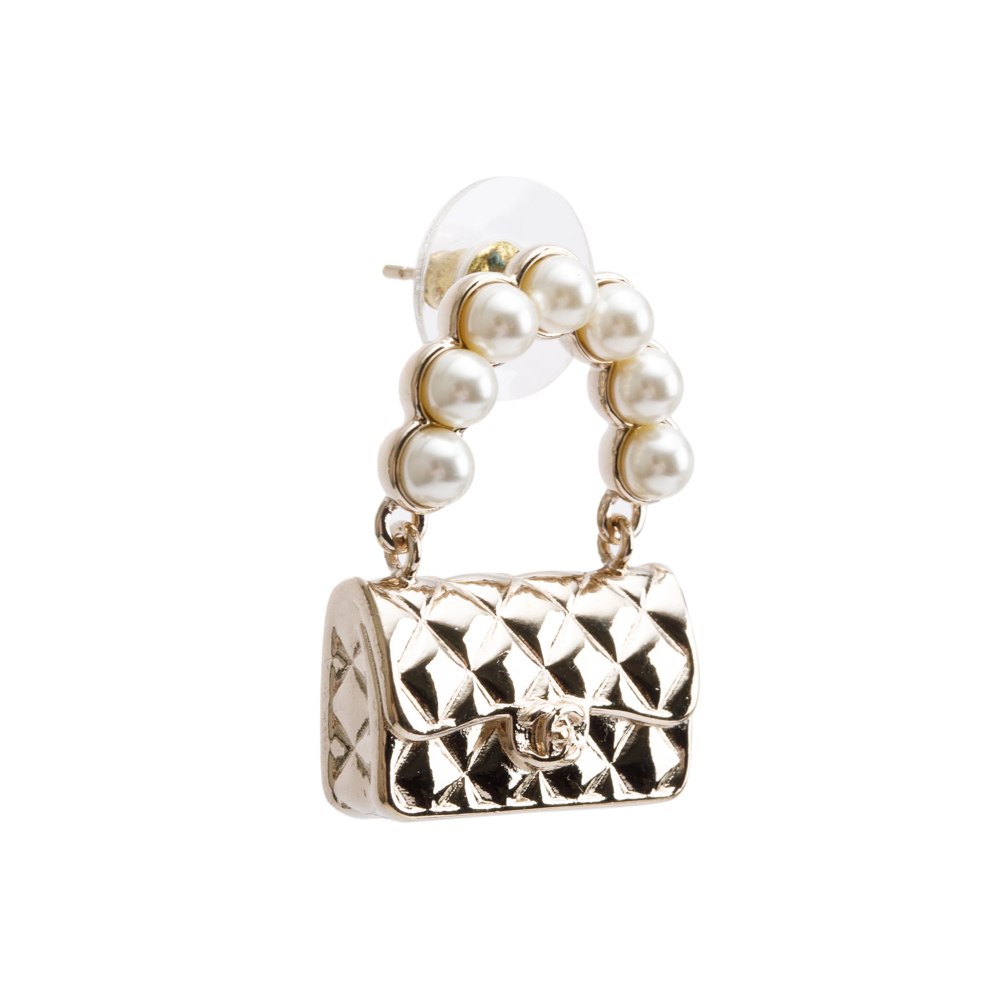 Chanel 2022 Gold Plated Faux Pearl Purse Drop Earrings w/ Box