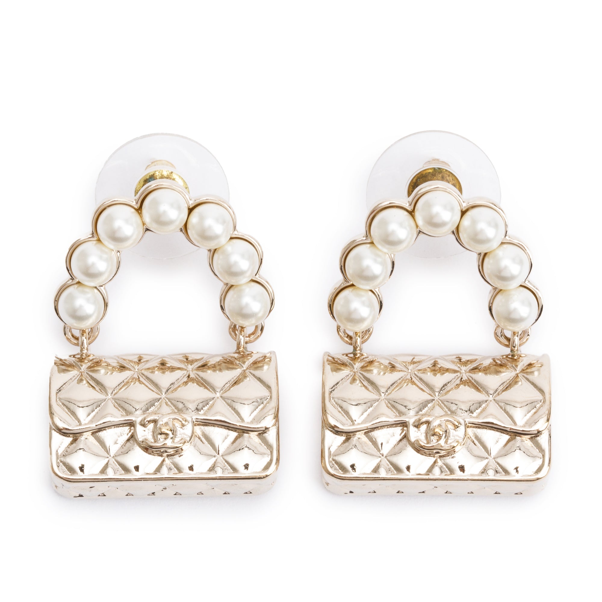 Chanel 2022 Gold Plated Faux Pearl Purse Drop Earrings w/ Box