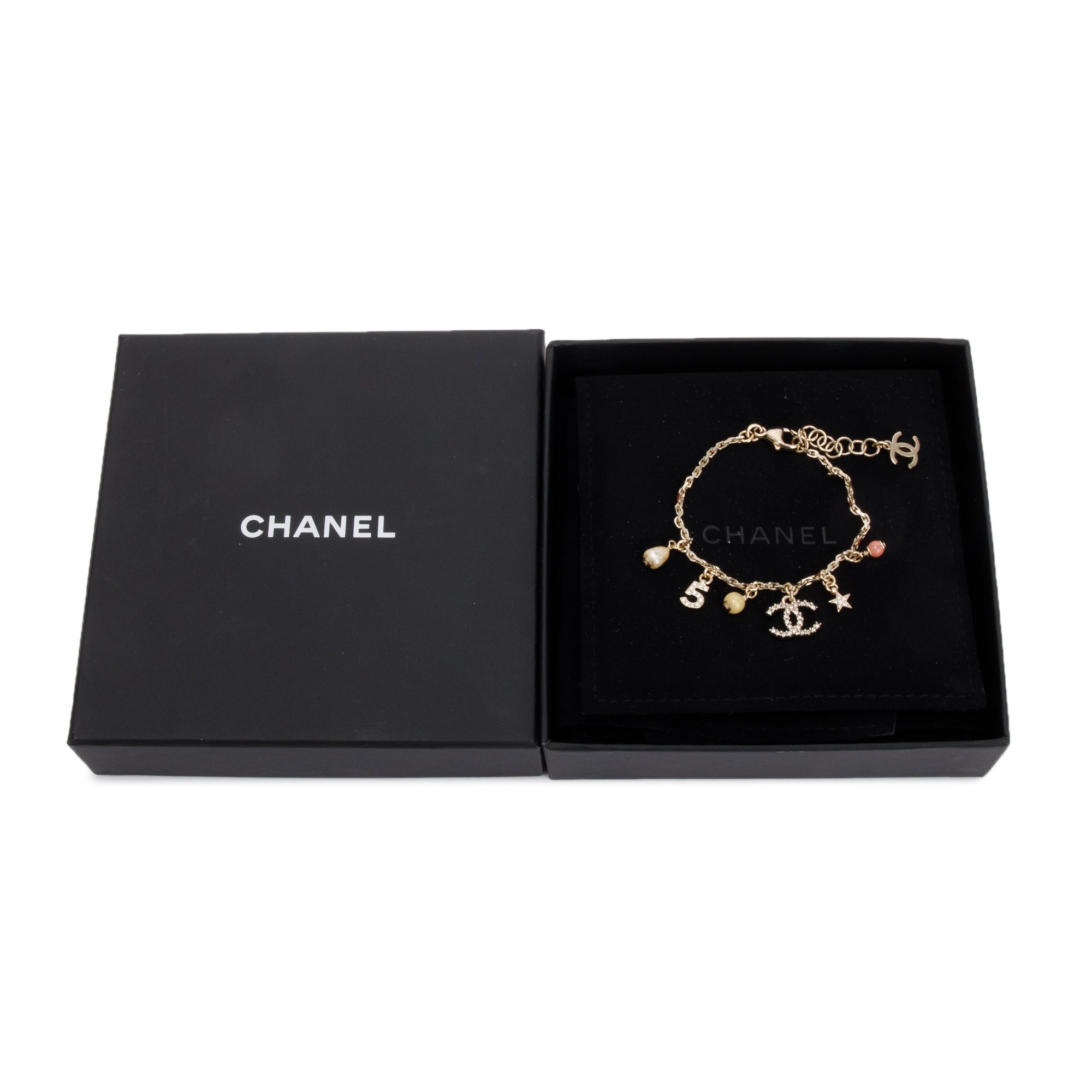 Chanel 2022 Gold Plated Faux Pearl, Strass & Bead CC Charm Bracelet w/ Box