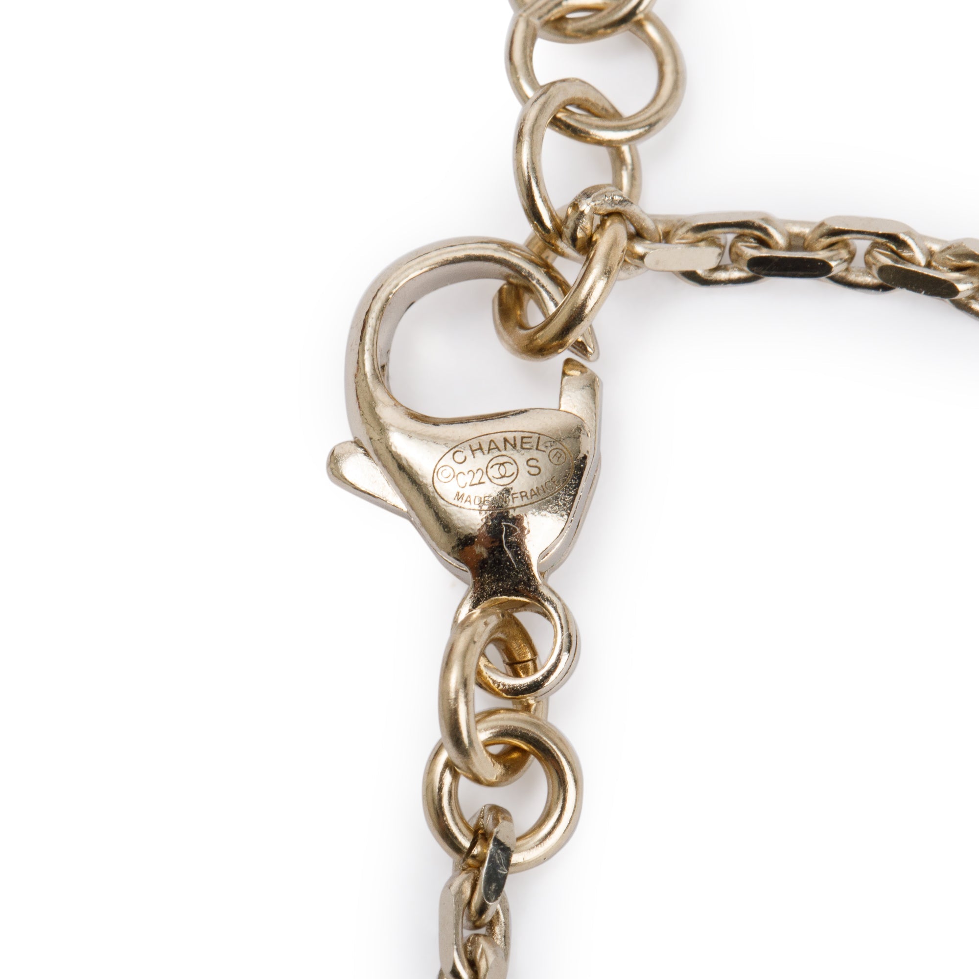 Chanel 2022 Gold Plated Faux Pearl, Strass & Bead CC Charm Bracelet w/ Box