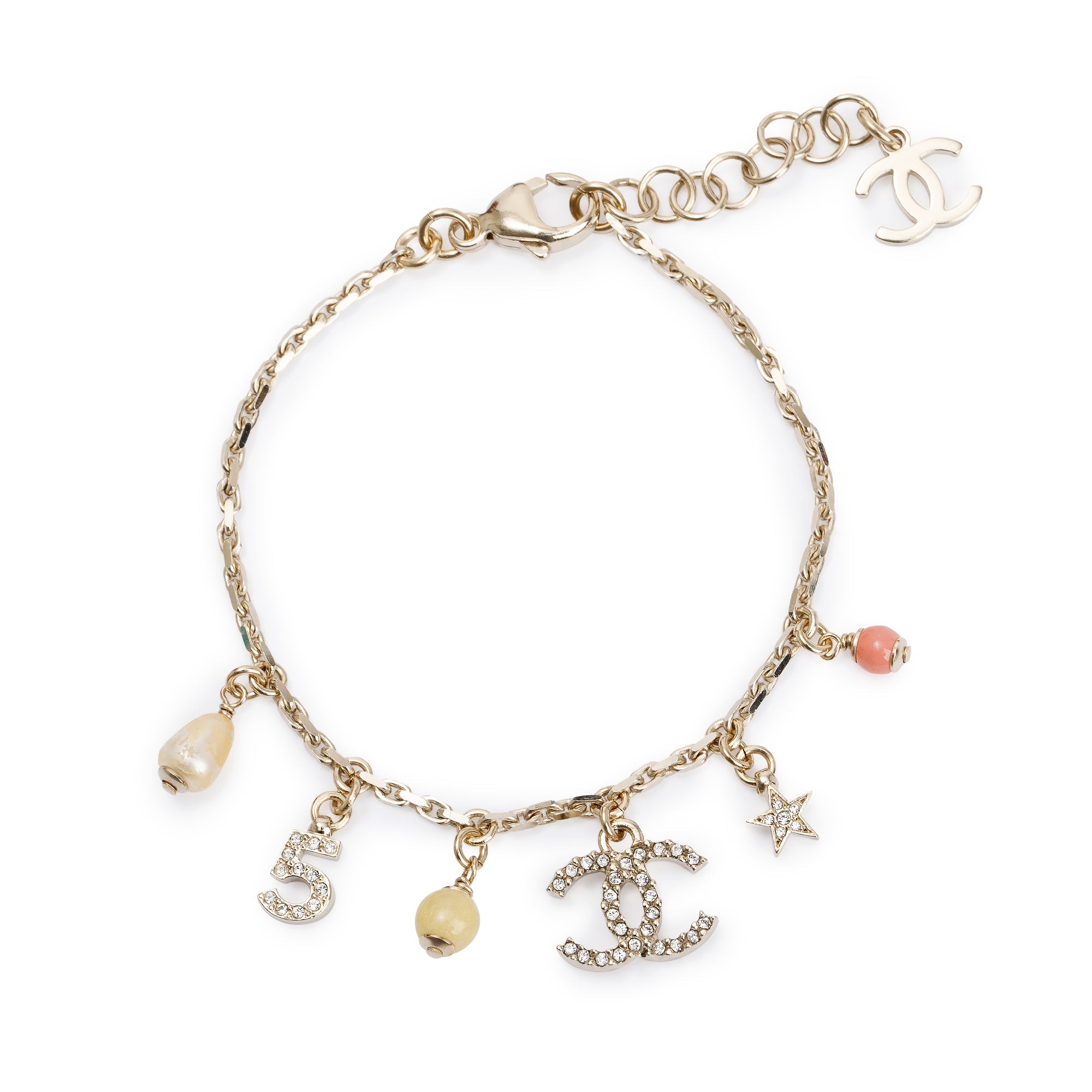 Chanel 2022 Gold Plated Faux Pearl, Strass & Bead CC Charm Bracelet w/ Box