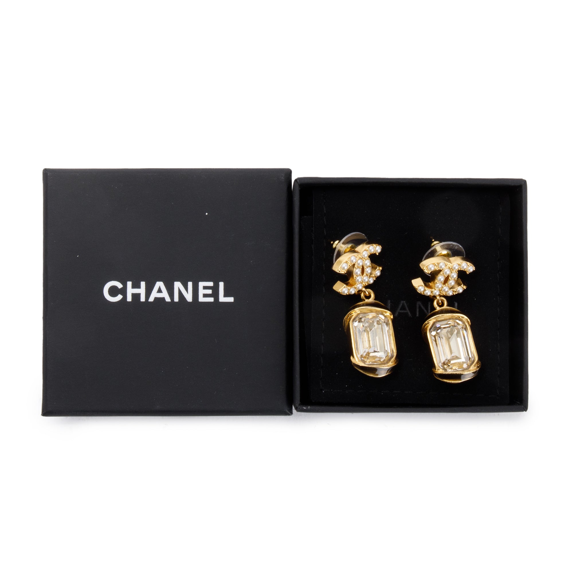 Chanel 2022 Gold Plated Faux Pearl & Strass CC Drop Earrings w/ Box