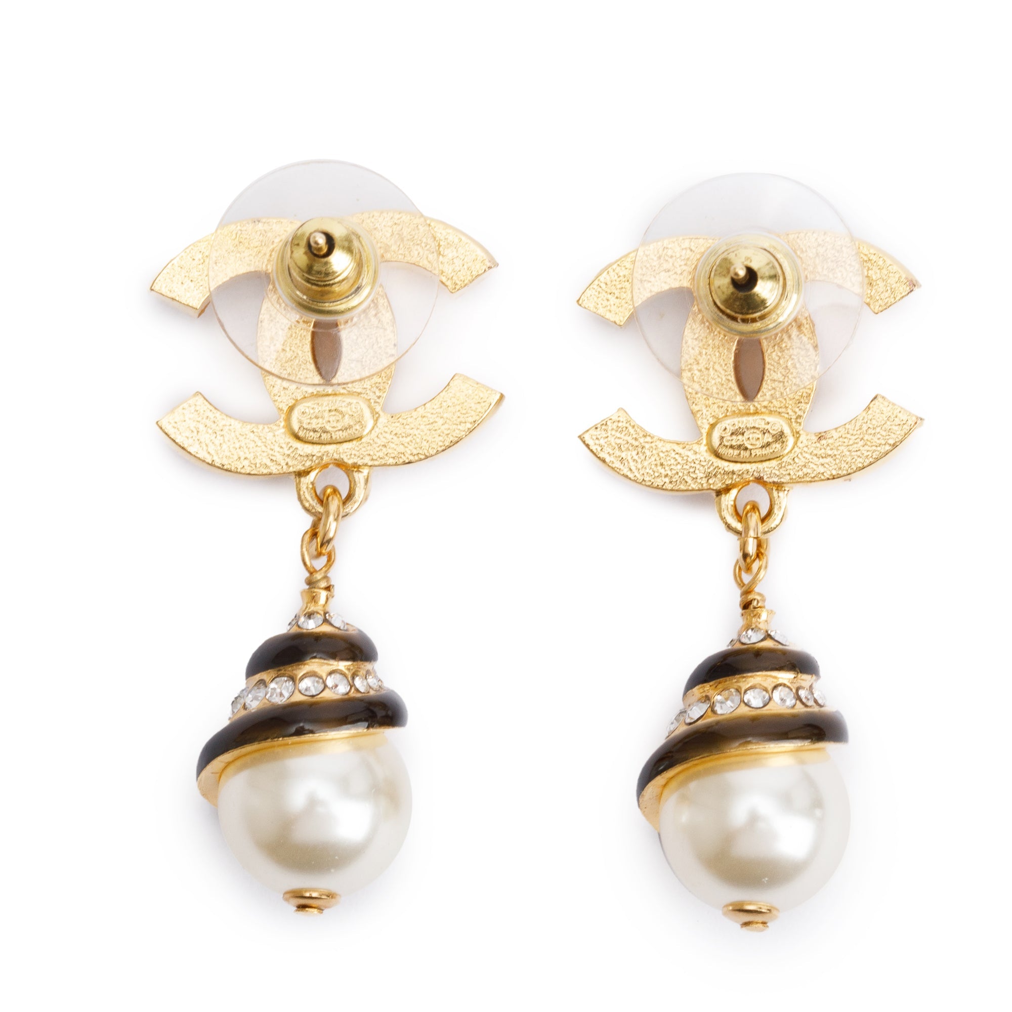 Chanel 2022 Gold Plated Faux Pearl Strass CC Drop Earrings w/ Box