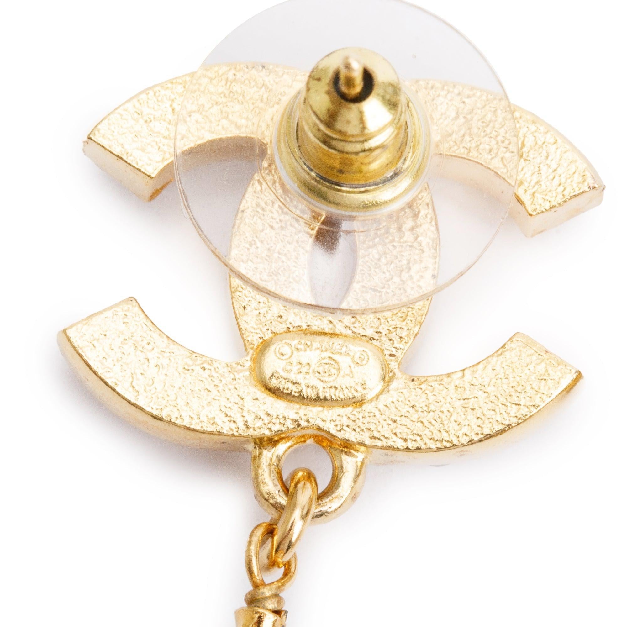 Chanel 2022 Gold Plated Faux Pearl Strass CC Drop Earrings w/ Box