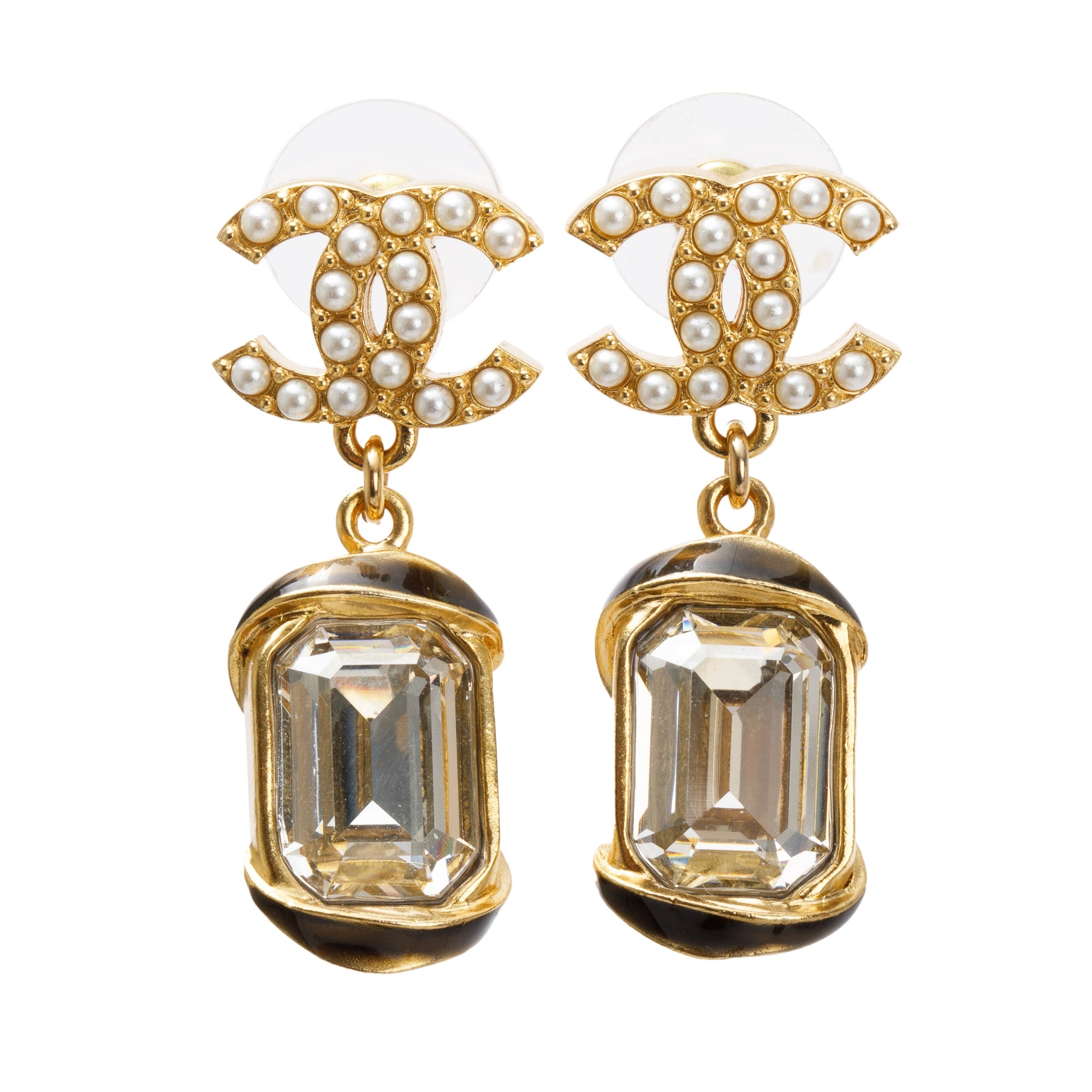 Chanel 2022 Gold Plated Faux Pearl & Strass CC Drop Earrings w/ Box