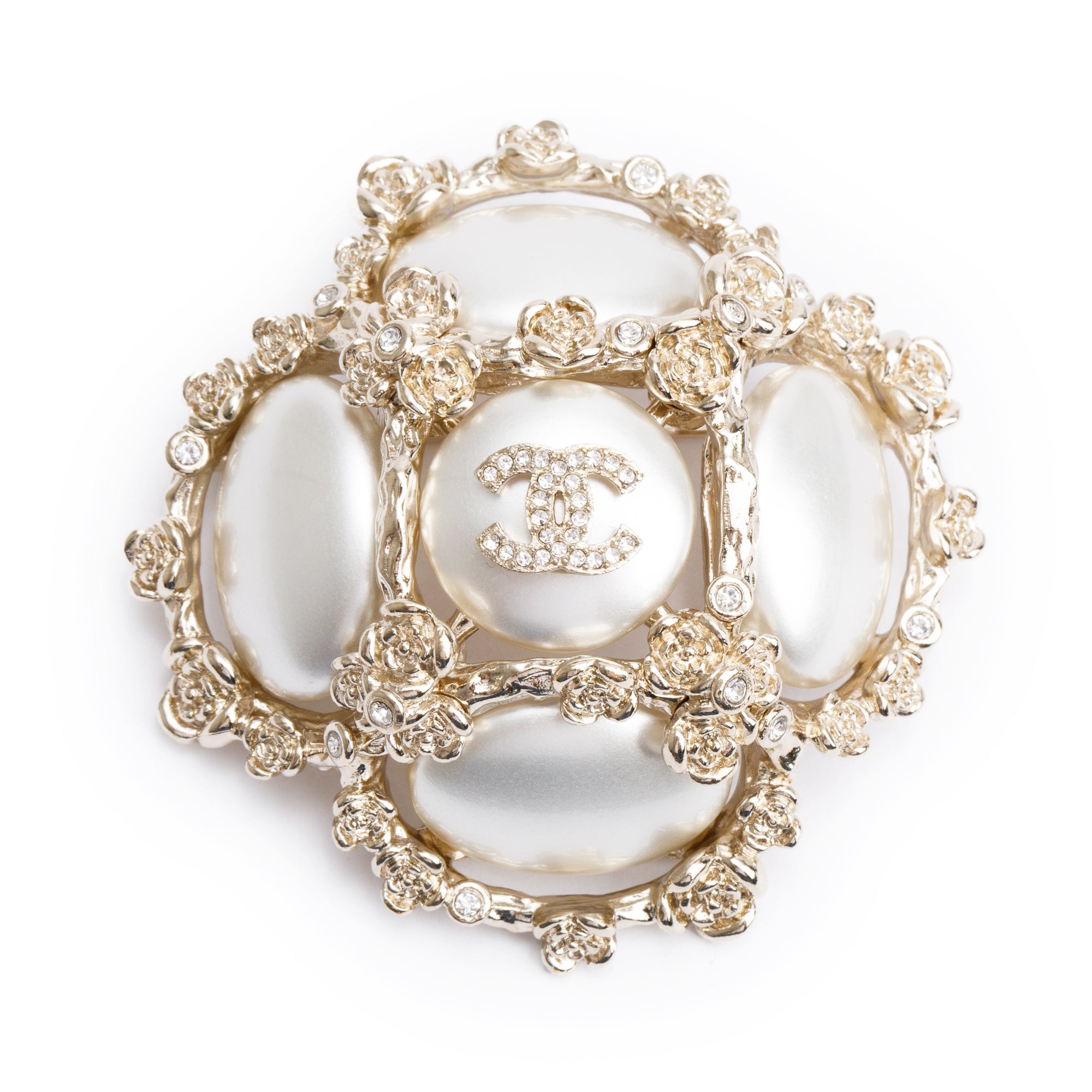 Chanel 2022 Gold Plated Faux Pearl & Strass CC Flower Pin Brooch