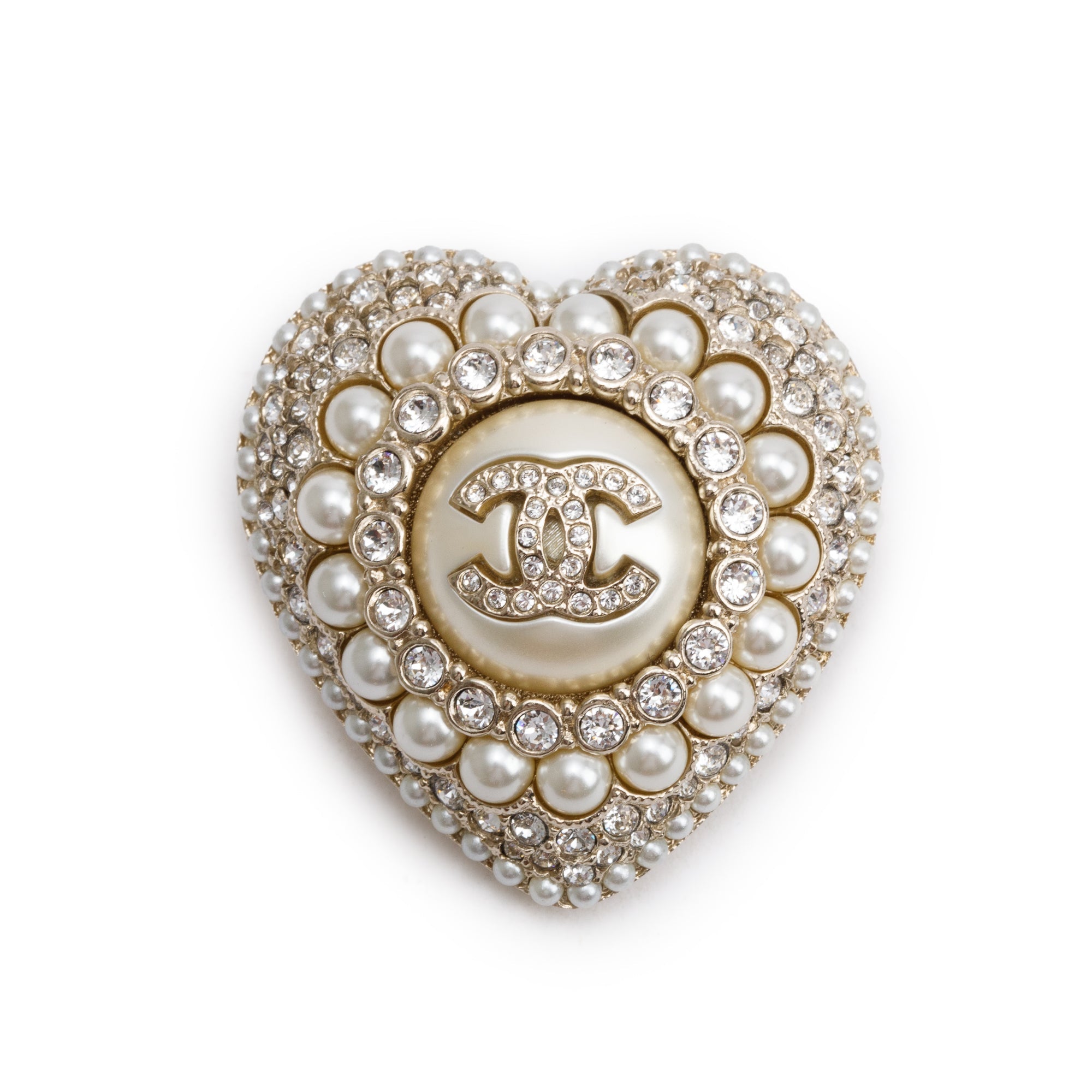 Chanel 2022 Gold Plated Faux Pearl & Strass CC Heart Pin Brooch