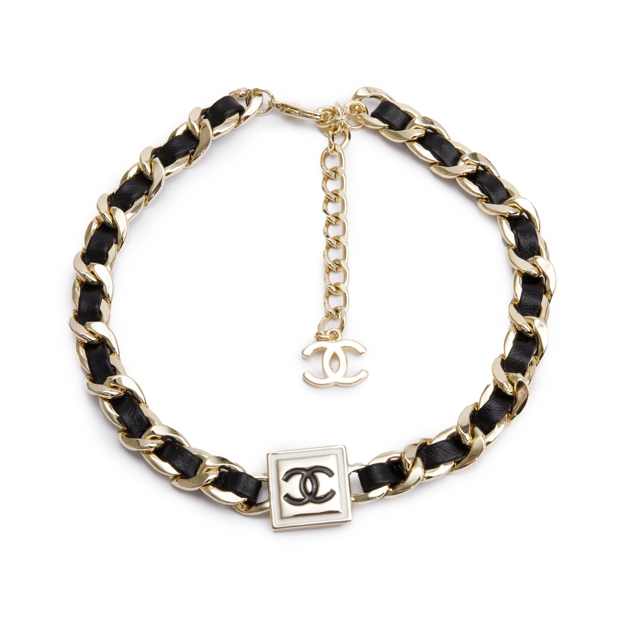 Chanel 2022 Gold Plated Leather & Enamel CC Choker Necklace w/ Box
