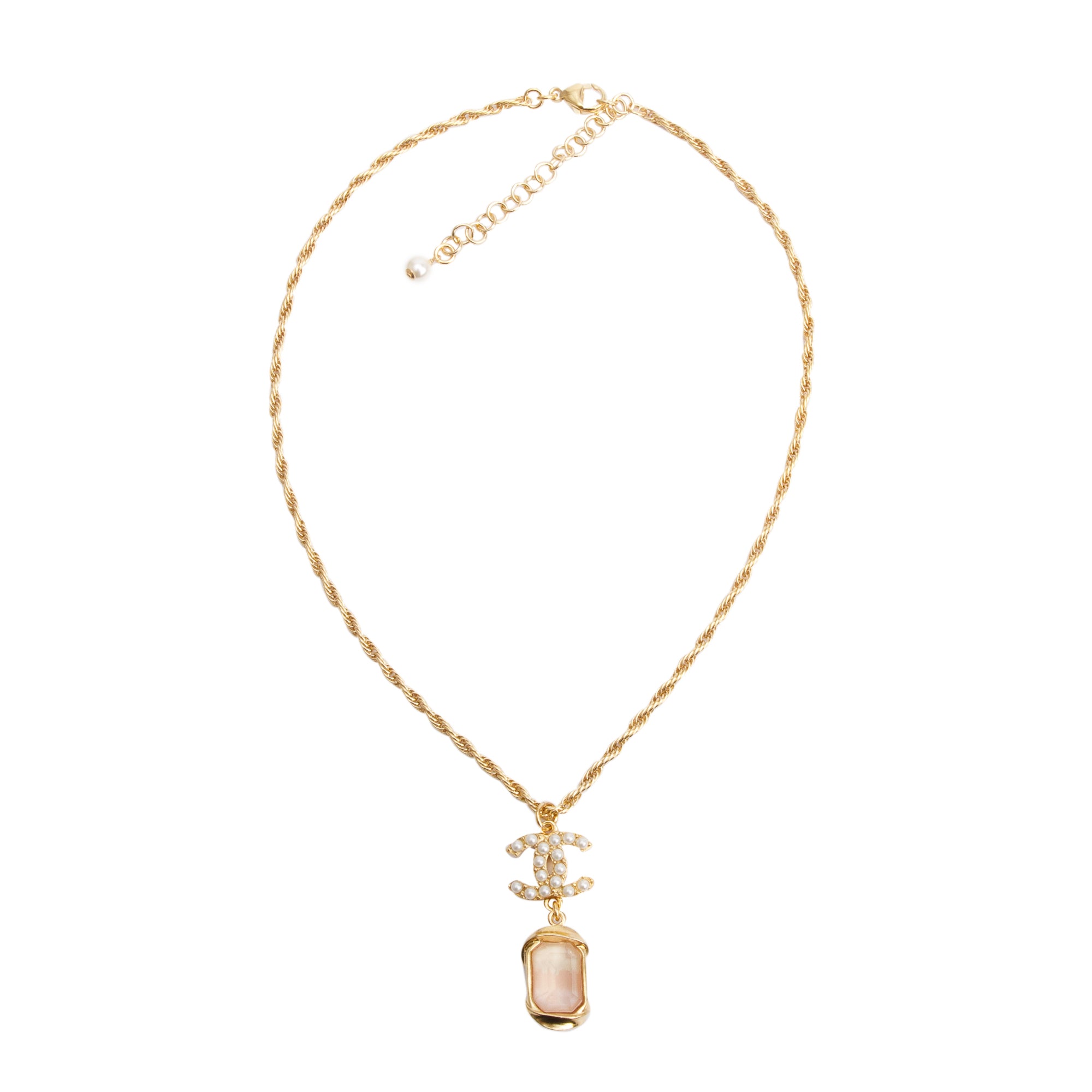 Chanel 2022 Gold-Plated Strass & Faux Pearl CC Drop Pendant Necklace w/ Box