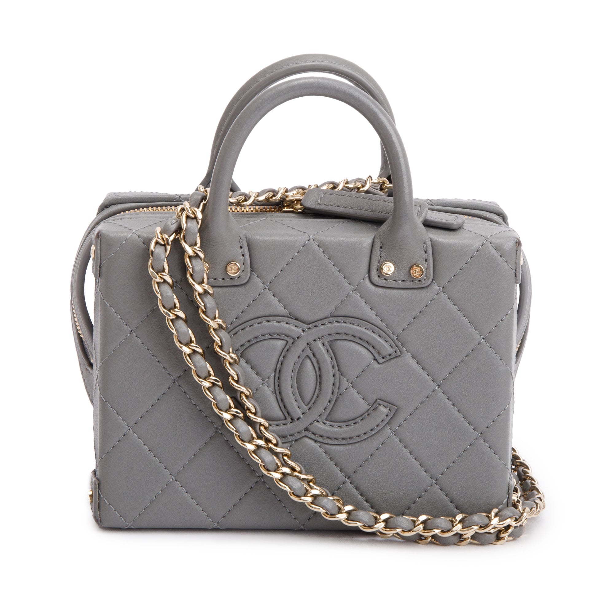Chanel 2022 Grey Quilted Calfskin Leather Coco Vault Small Vanity Case