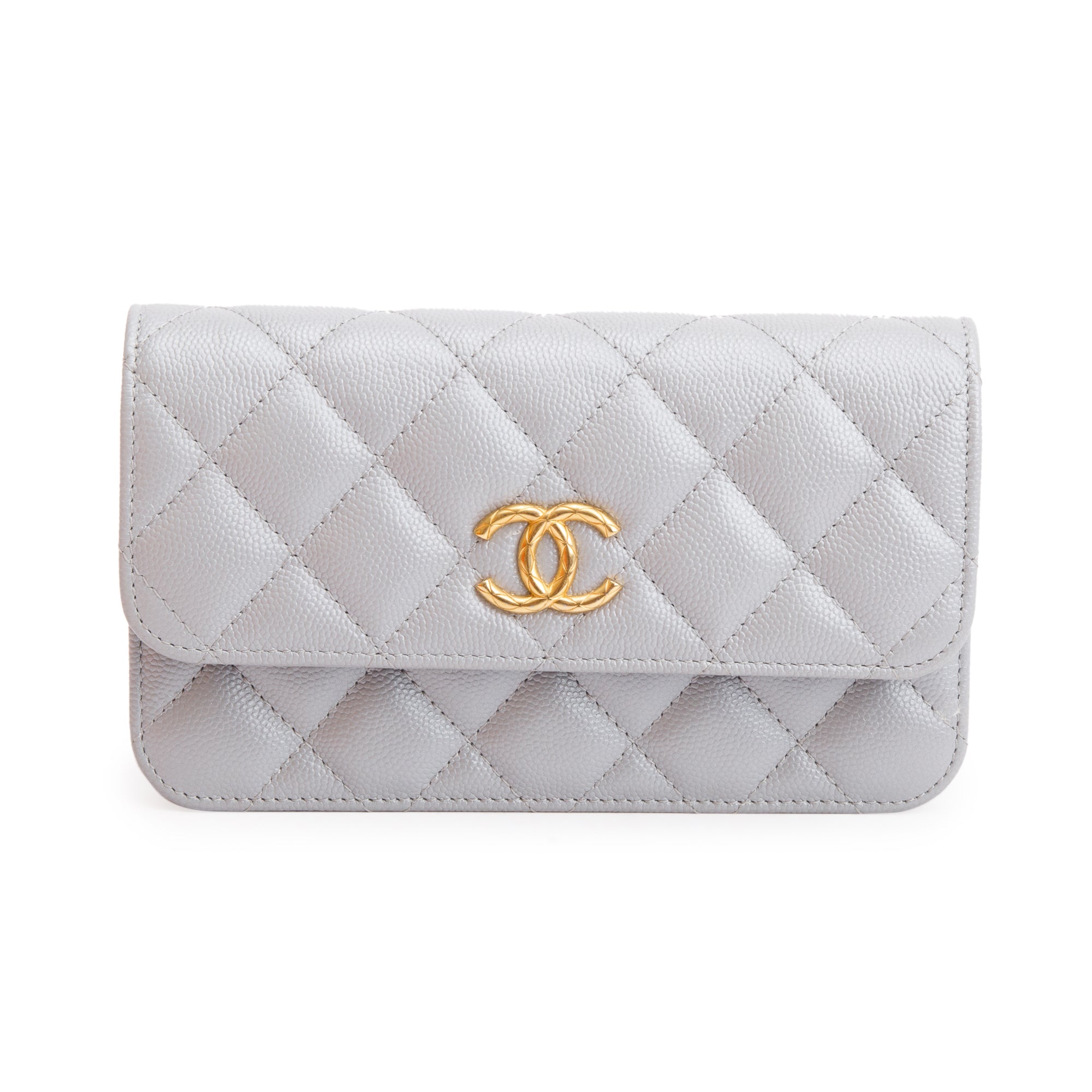 Chanel 2022 Grey Quilted Caviar Leather Classic Phone Holder on Chain w/ Box