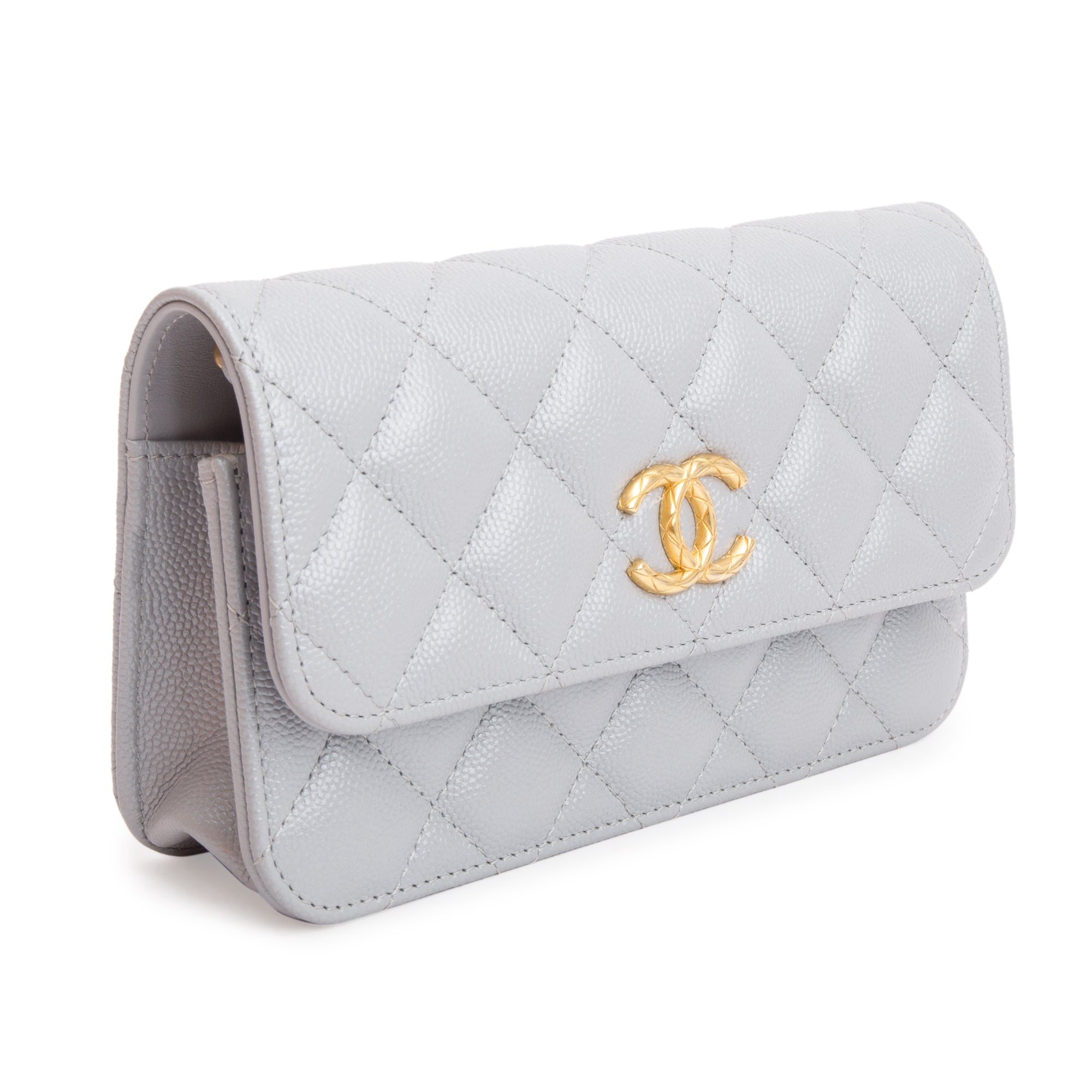 Chanel 2022 Grey Quilted Caviar Leather Classic Phone Holder on Chain w/ Box
