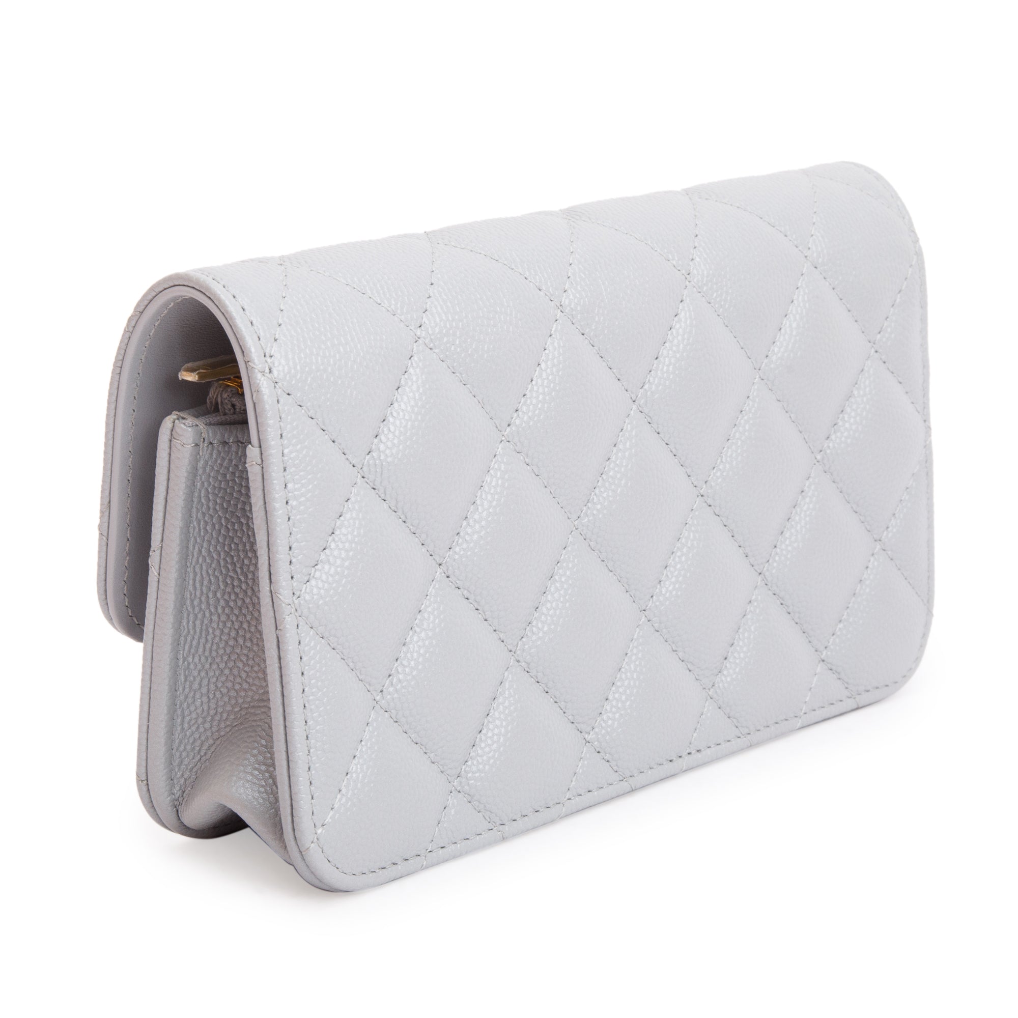 Chanel 2022 Grey Quilted Caviar Leather Classic Phone Holder on Chain w/ Box