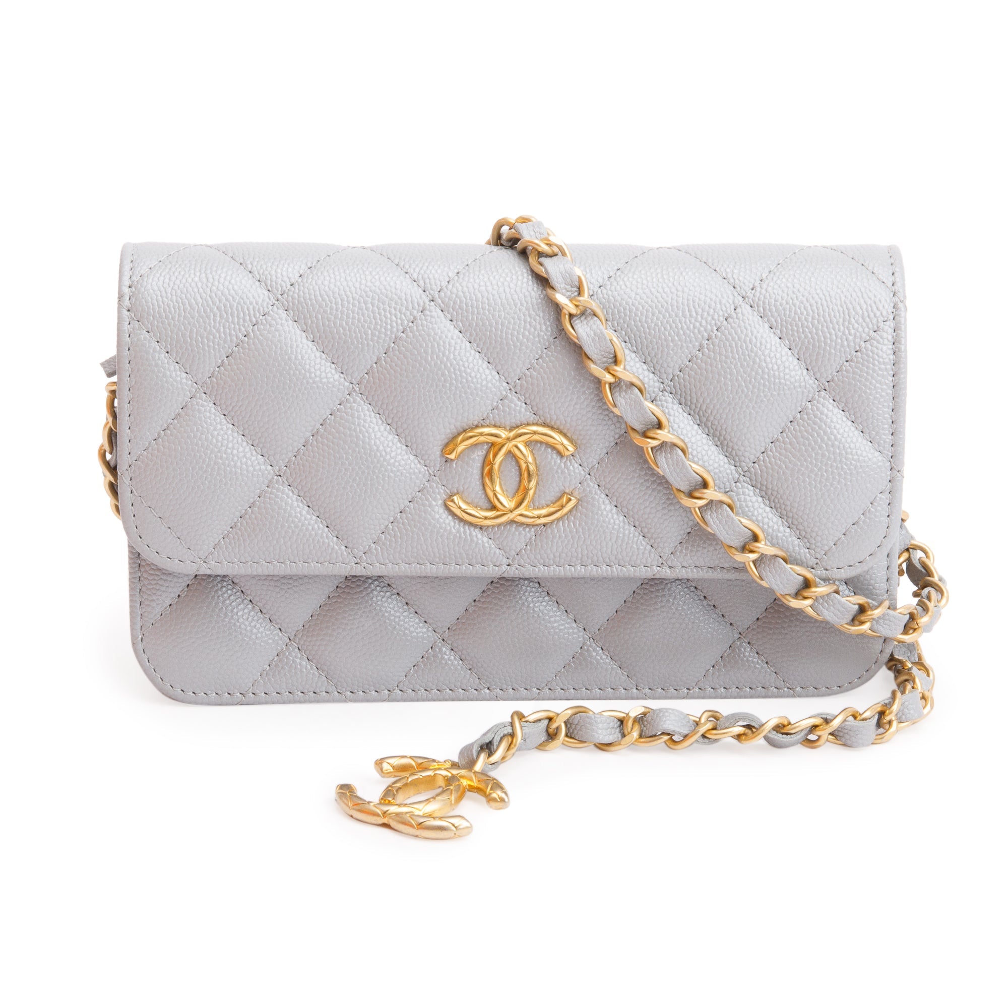 Chanel 2022 Grey Quilted Caviar Leather Classic Phone Holder on Chain w/ Box