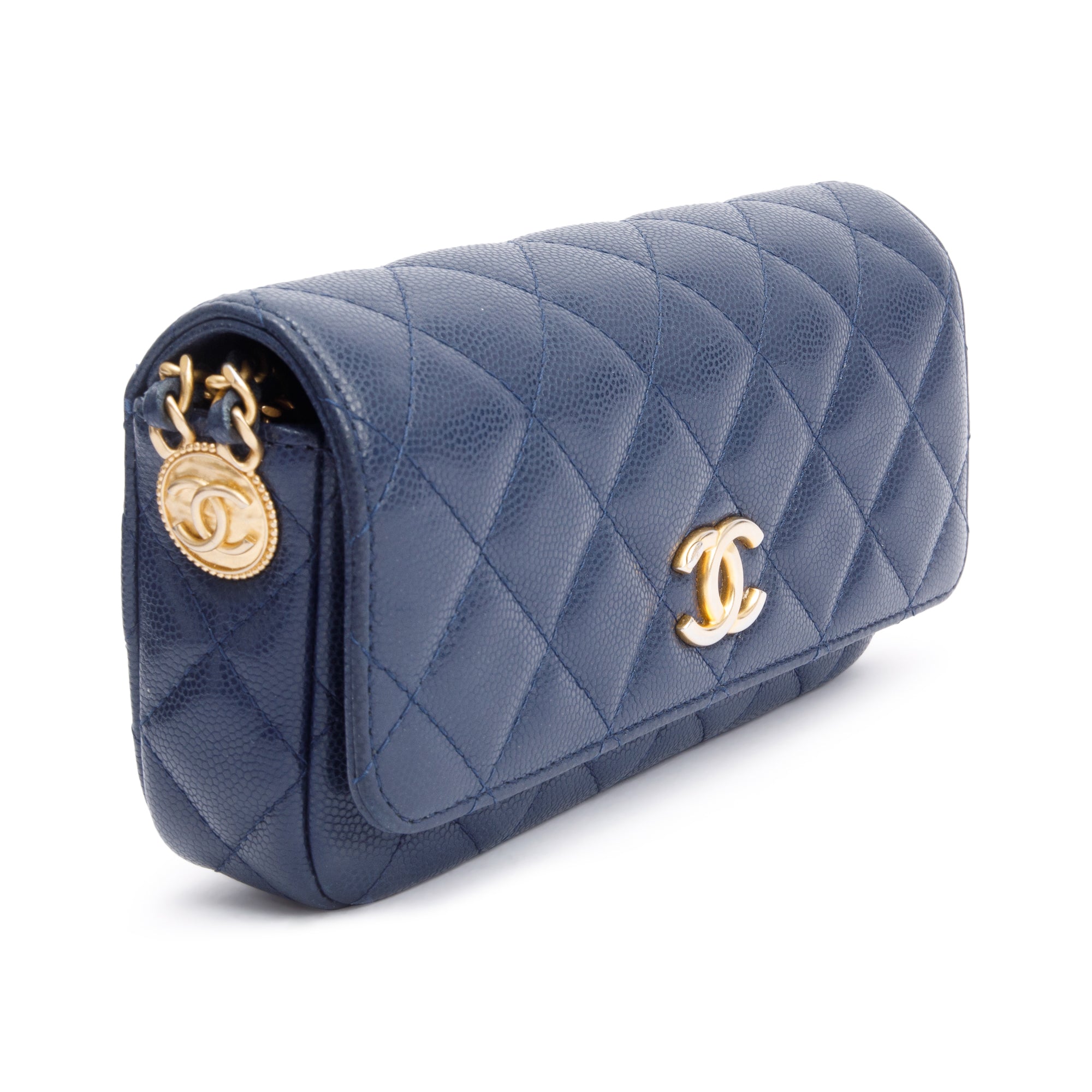Chanel 2022 Navy Quilted Caviar Leather Twist Your Button Flap Phone Holder Crossbody Bag