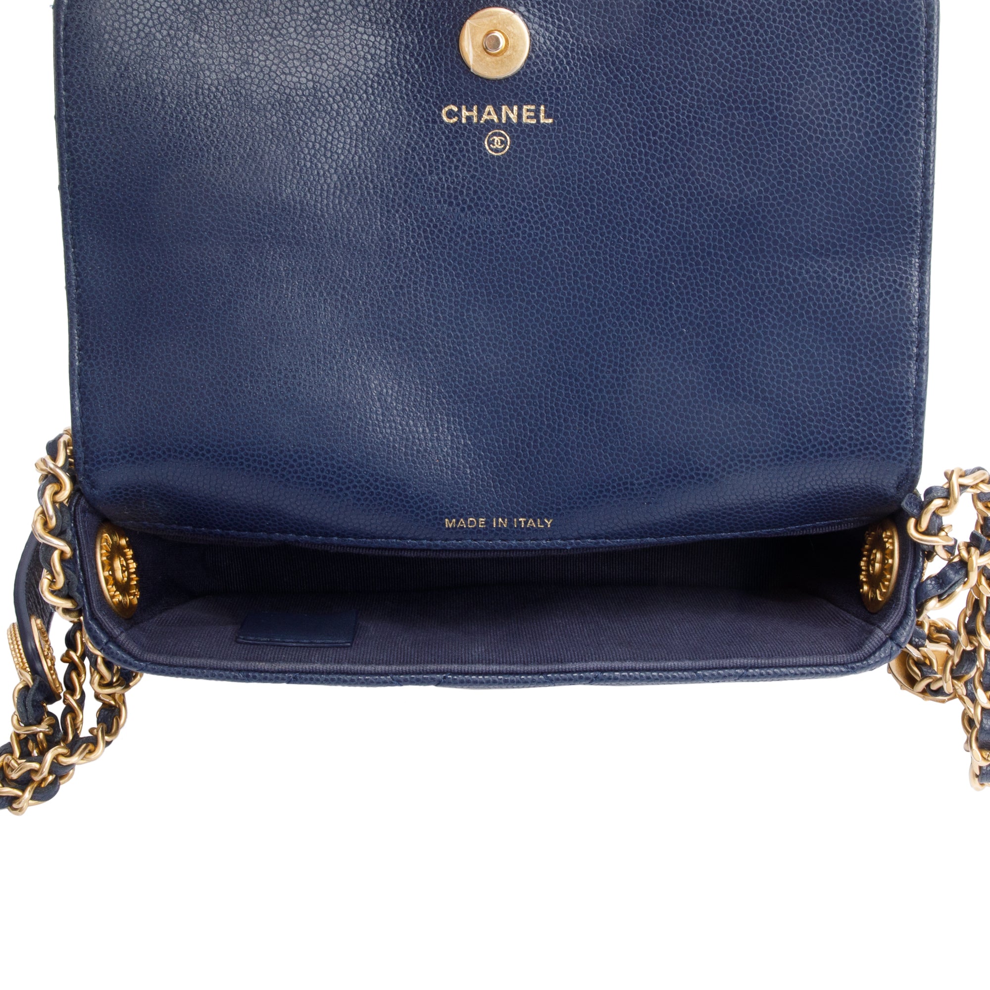 Chanel 2022 Navy Quilted Caviar Leather Twist Your Button Flap Phone Holder Crossbody Bag