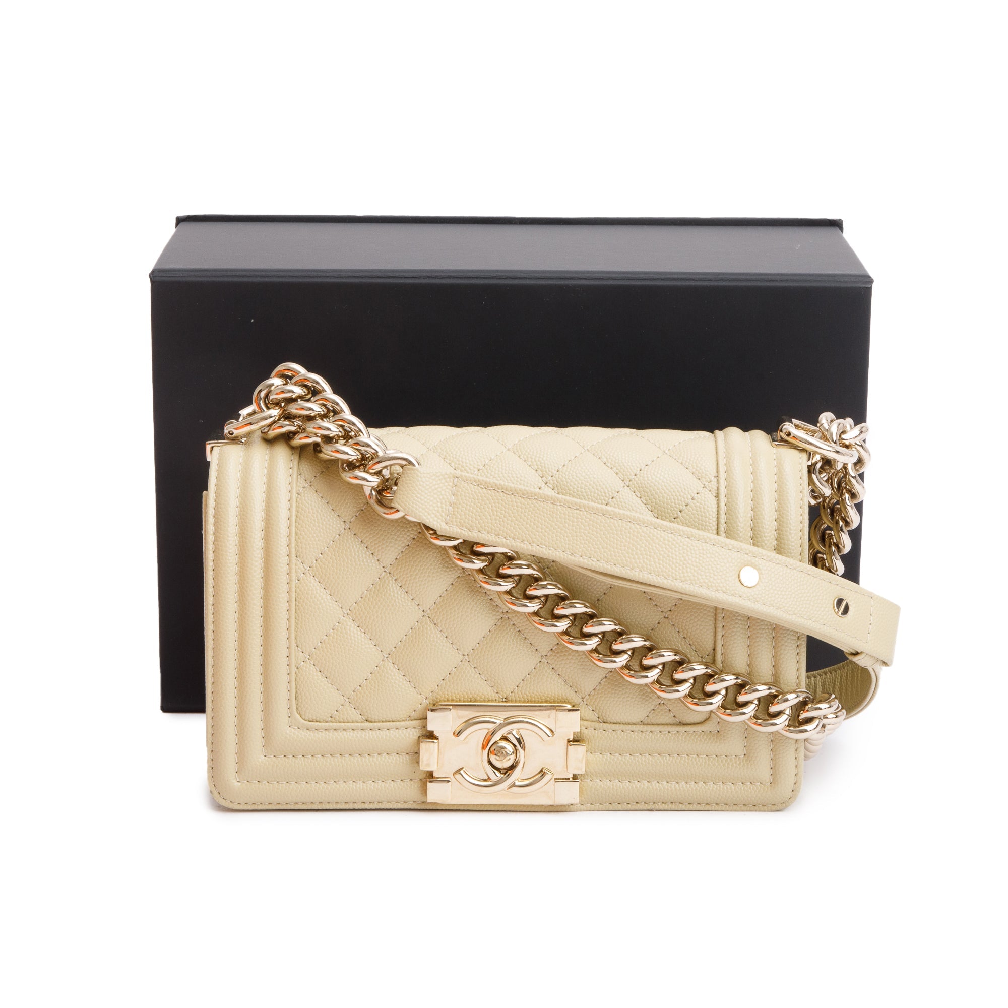 Chanel 2022 Neutral Caviar Leather Small Boy Bag w/ Box