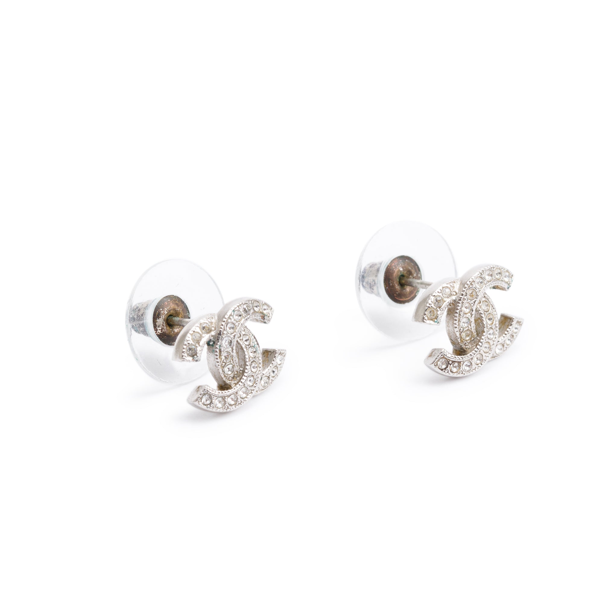 Chanel 2022 Palladium Plated Strass CC Stud Earrings