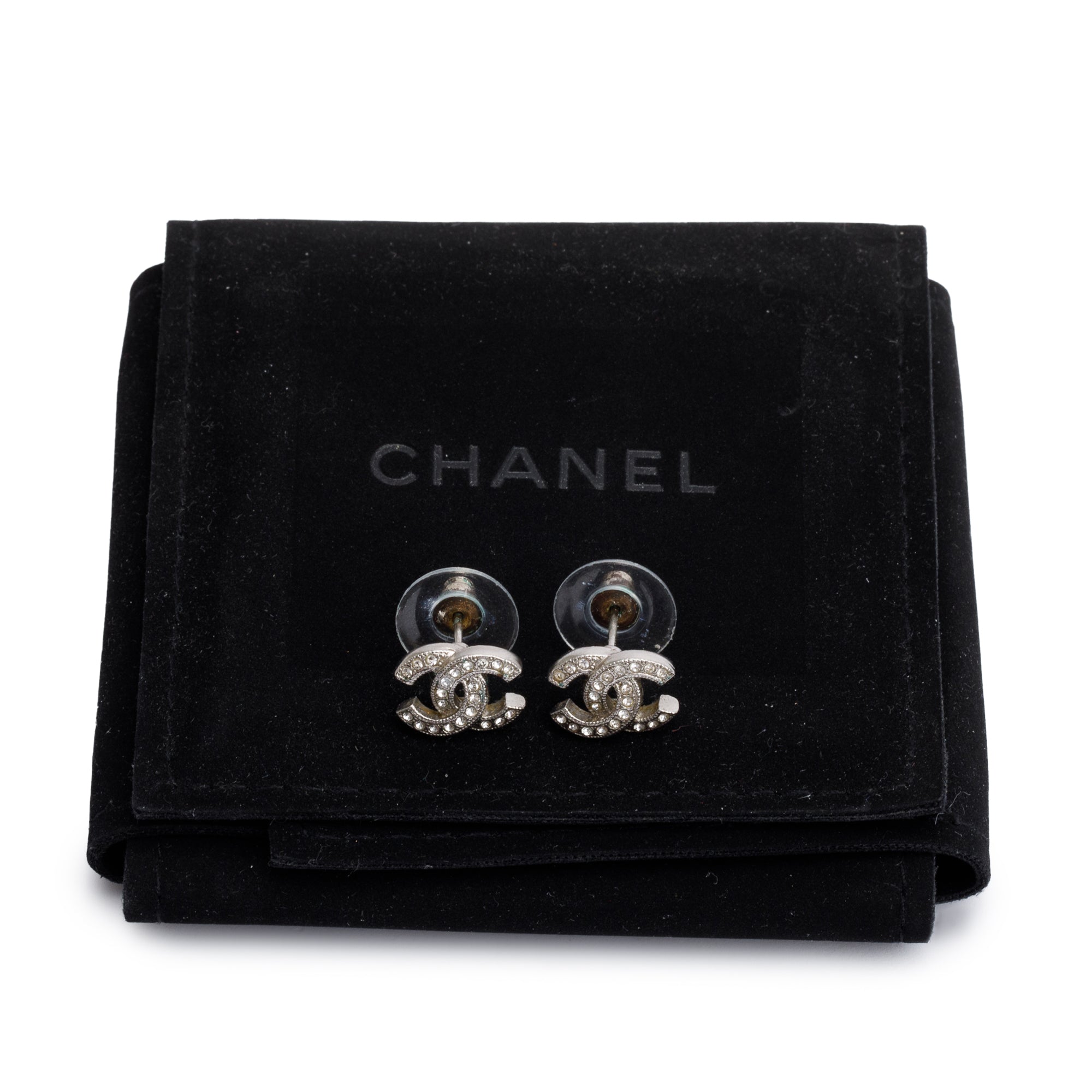 Chanel 2022 Palladium Plated Strass CC Stud Earrings