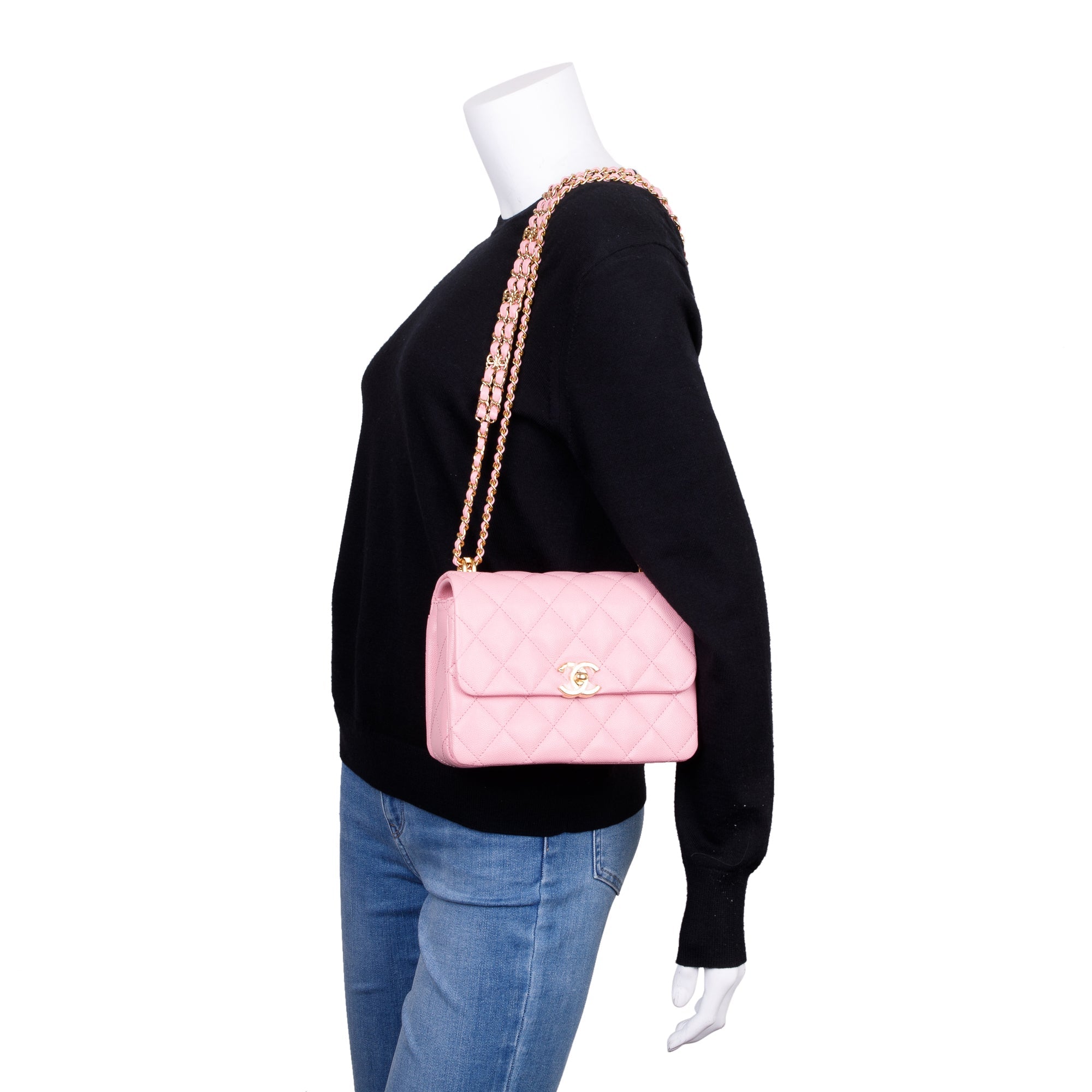 Chanel 2022 Pink Caviar Leather Mini Coco First Flap Bag w/ Box