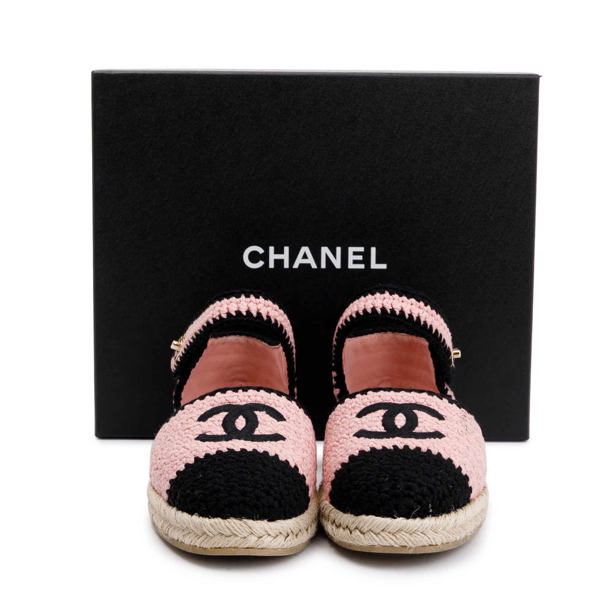 Chanel 2022 Pink/Black Braided Knit Interlocking CC Logo Ankle Strap Espadrilles, Size 41 w/ Box & Receipt