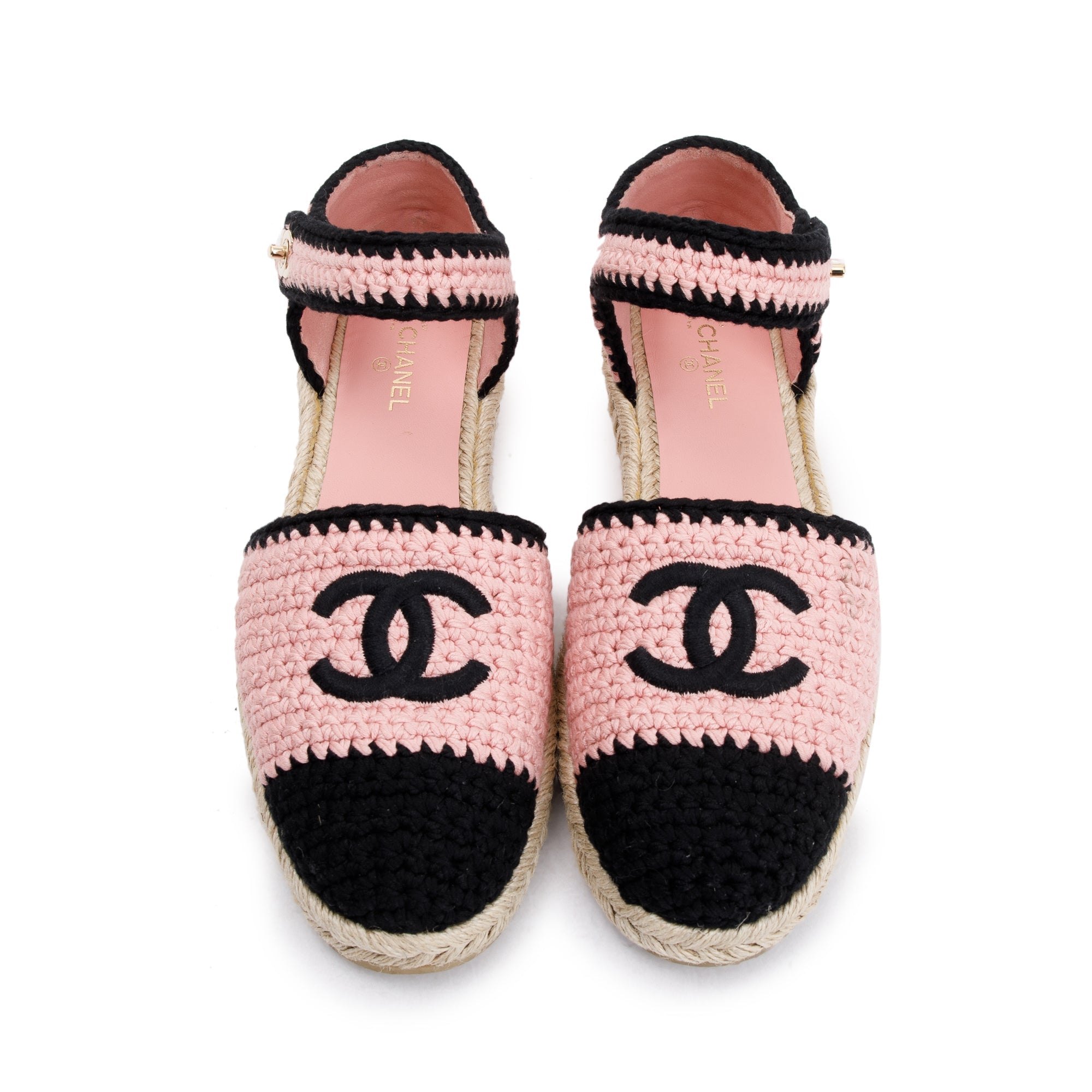 Chanel 2022 Pink/Black Braided Knit Interlocking CC Logo Ankle Strap Espadrilles, Size 41 w/ Box & Receipt