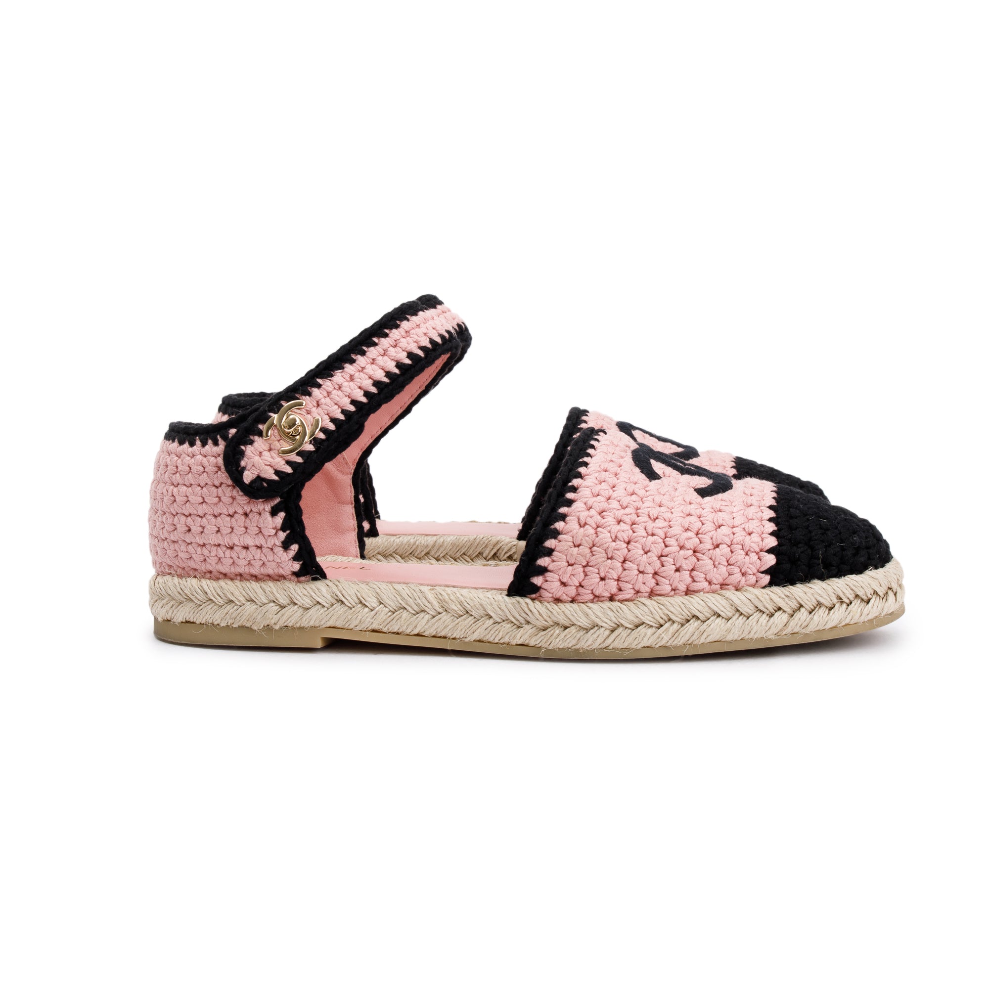 Chanel 2022 Pink/Black Braided Knit Interlocking CC Logo Ankle Strap Espadrilles, Size 41 w/ Box & Receipt