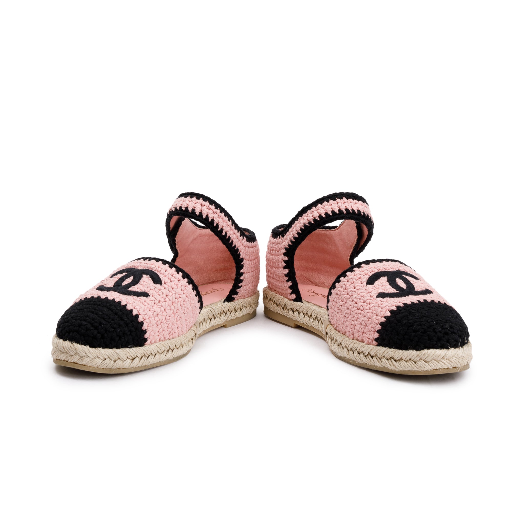 Chanel 2022 Pink/Black Braided Knit Interlocking CC Logo Ankle Strap Espadrilles, Size 41 w/ Box & Receipt