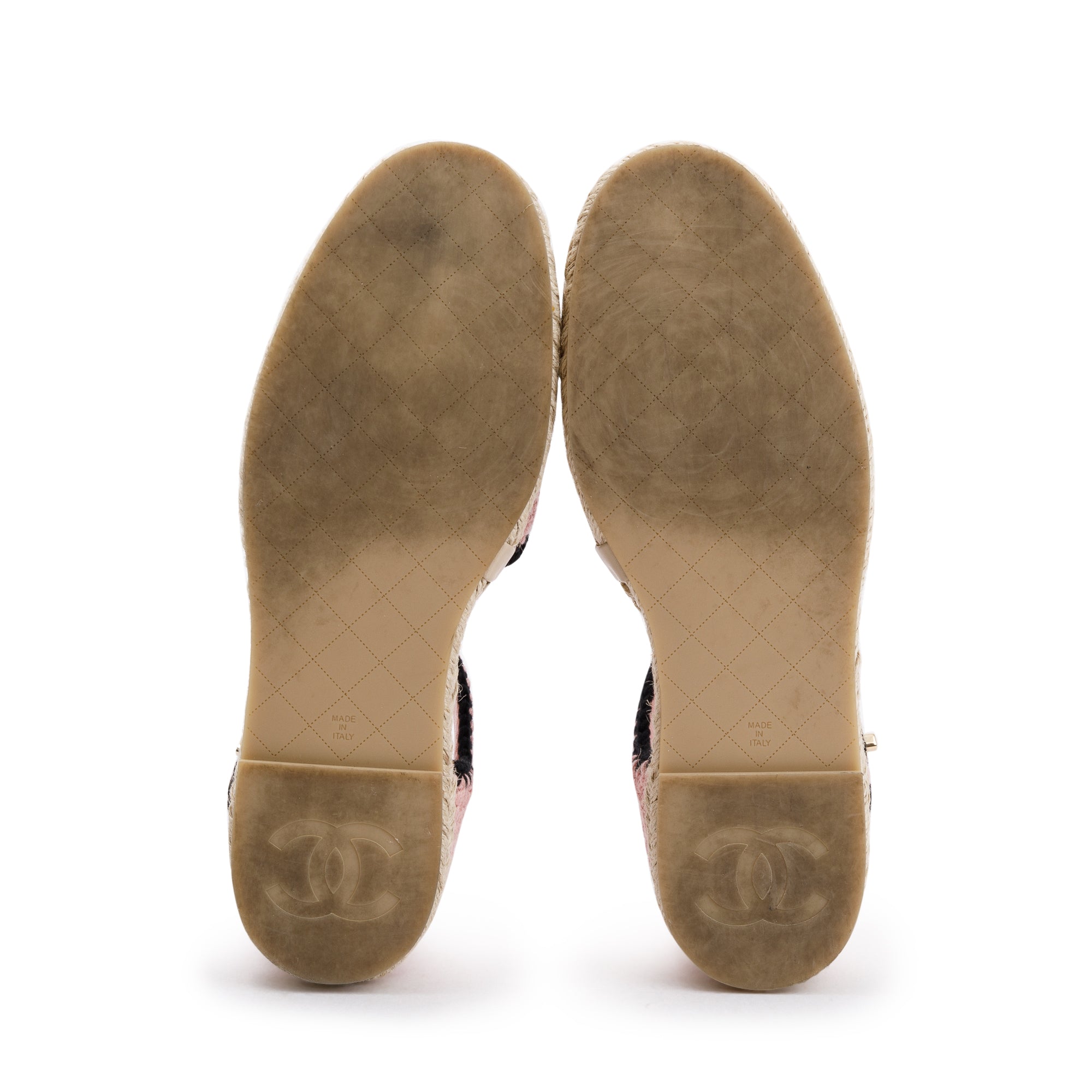 Chanel 2022 Pink/Black Braided Knit Interlocking CC Logo Ankle Strap Espadrilles, Size 41 w/ Box & Receipt