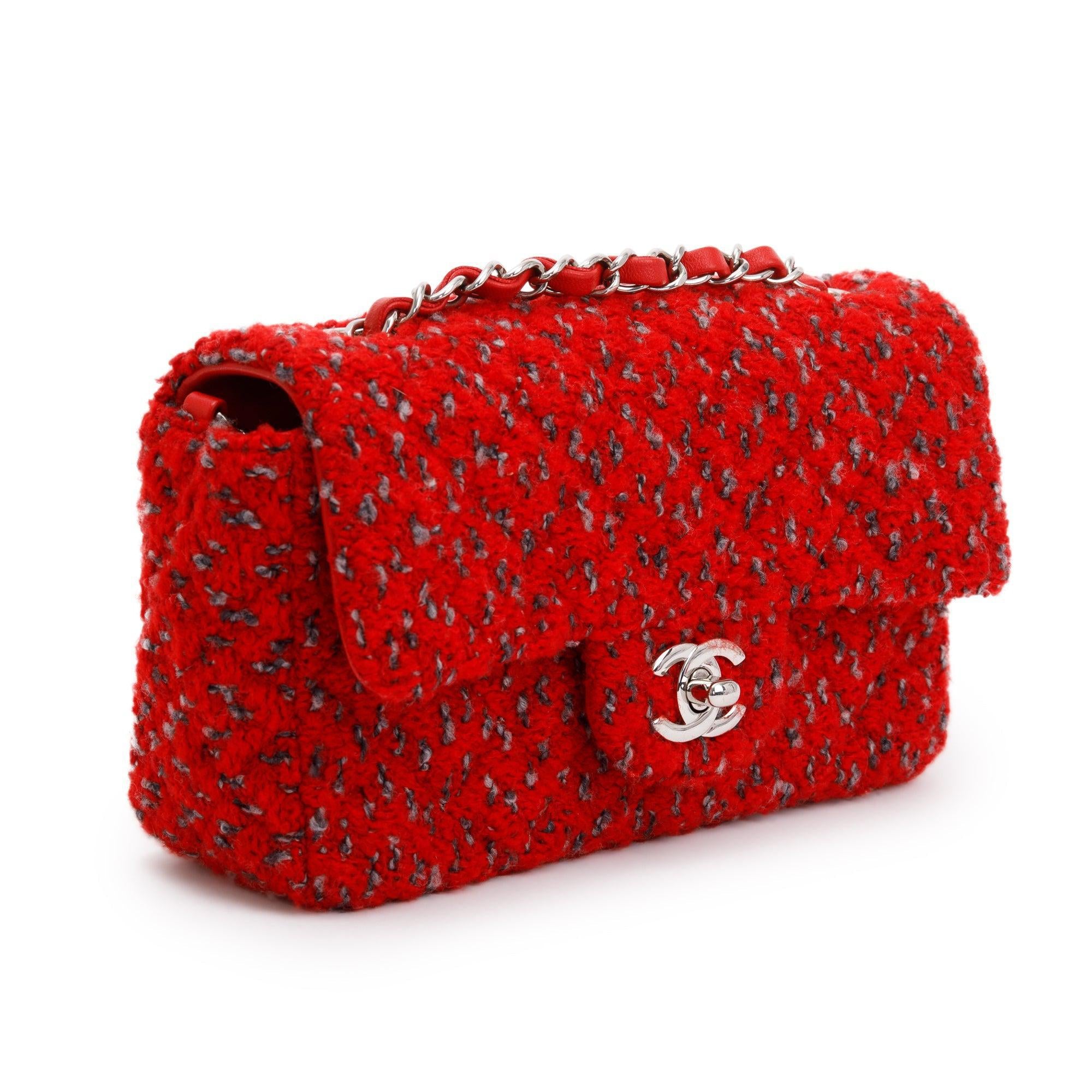 Chanel 2022 Red Tweed Classic Mini Rectangular Flap Bag