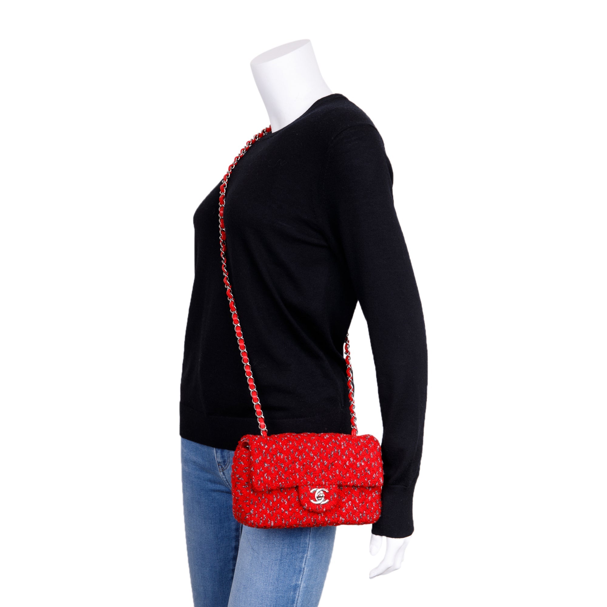 Chanel 2022 Red Tweed Classic Mini Rectangular Flap Bag