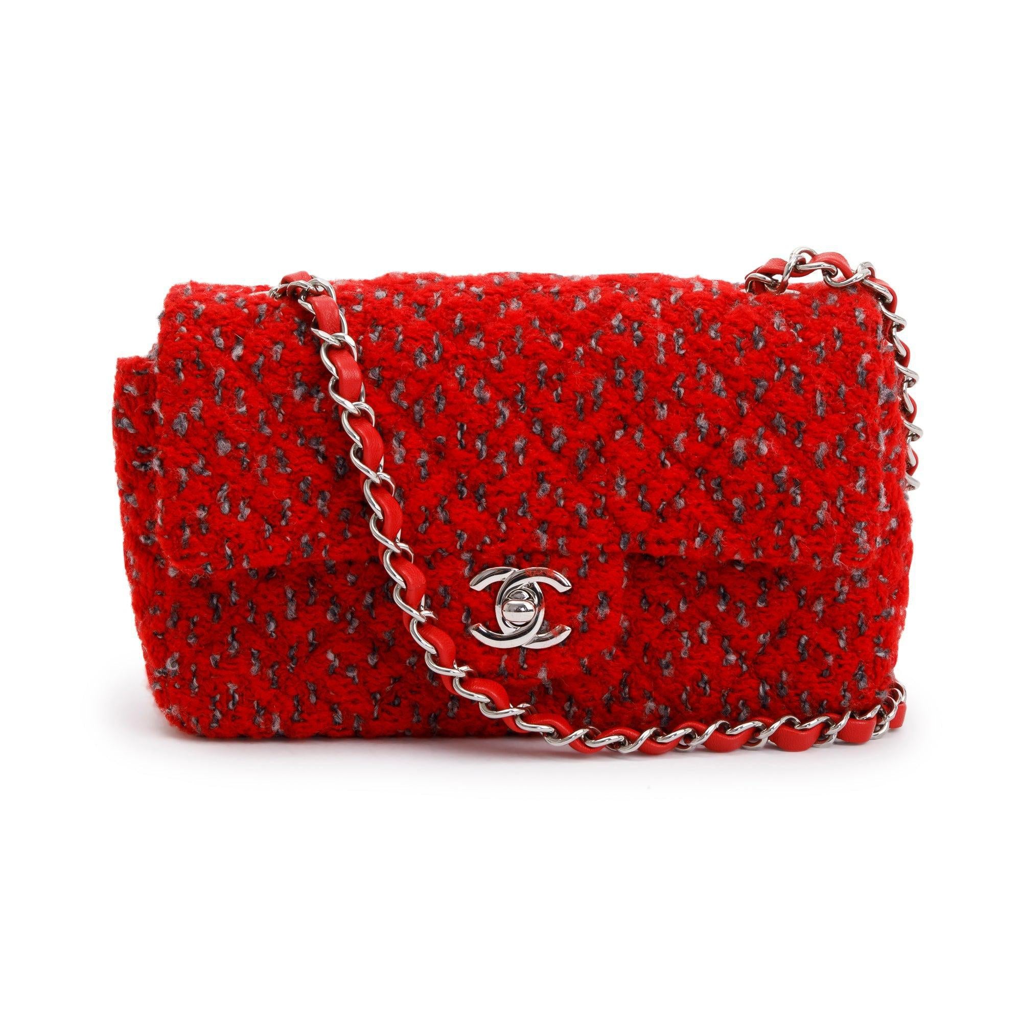 Chanel 2022 Red Tweed Classic Mini Rectangular Flap Bag