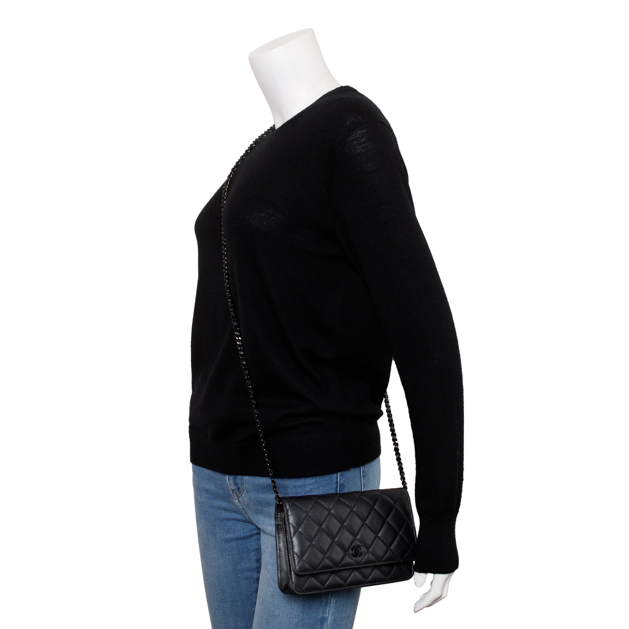 Chanel 2022 So Black Lambskin Leather Classic Wallet on Chain w/ Box