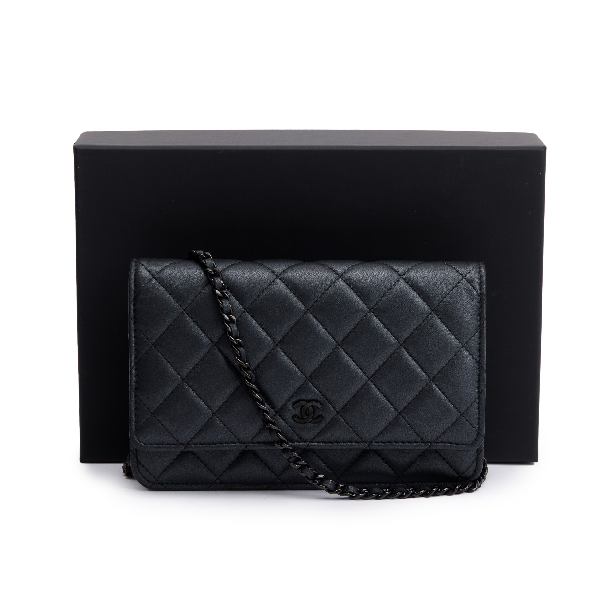 Chanel 2022 So Black Lambskin Leather Classic Wallet on Chain w/ Box