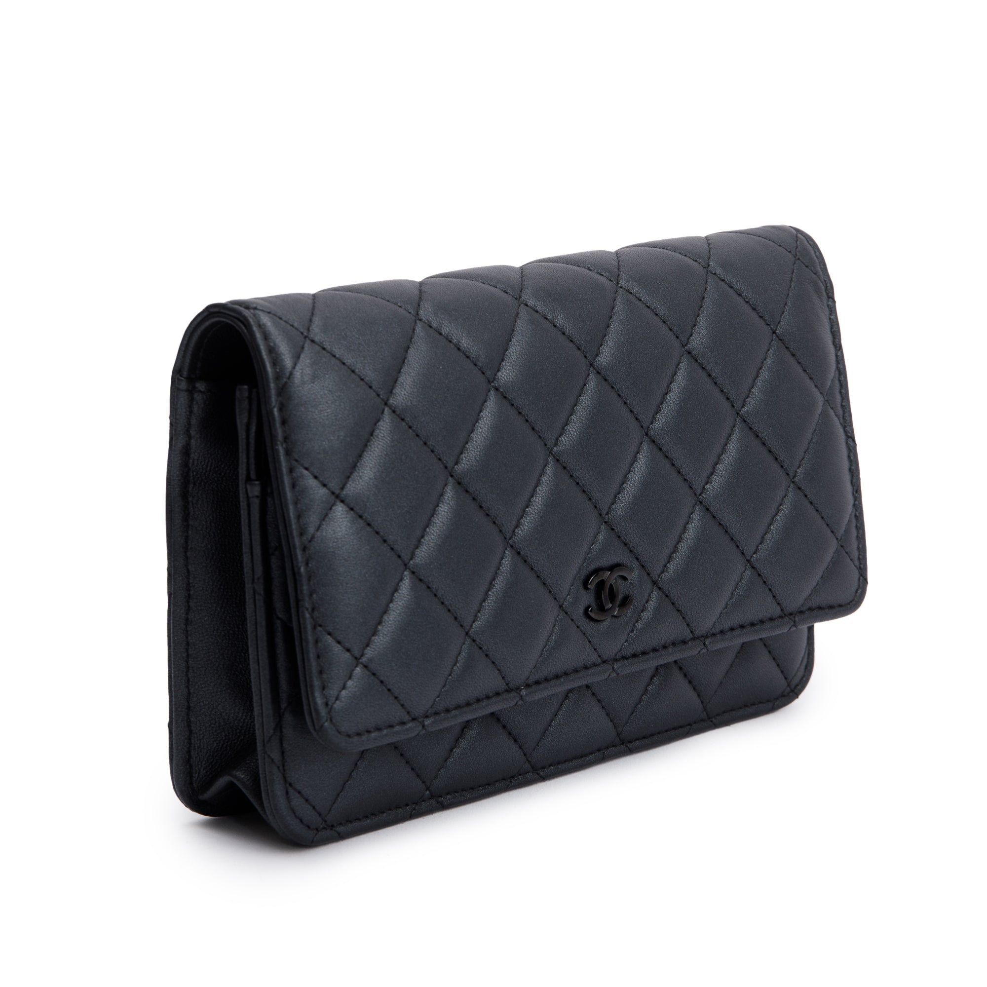 Chanel 2022 So Black Lambskin Leather Classic Wallet on Chain w/ Box