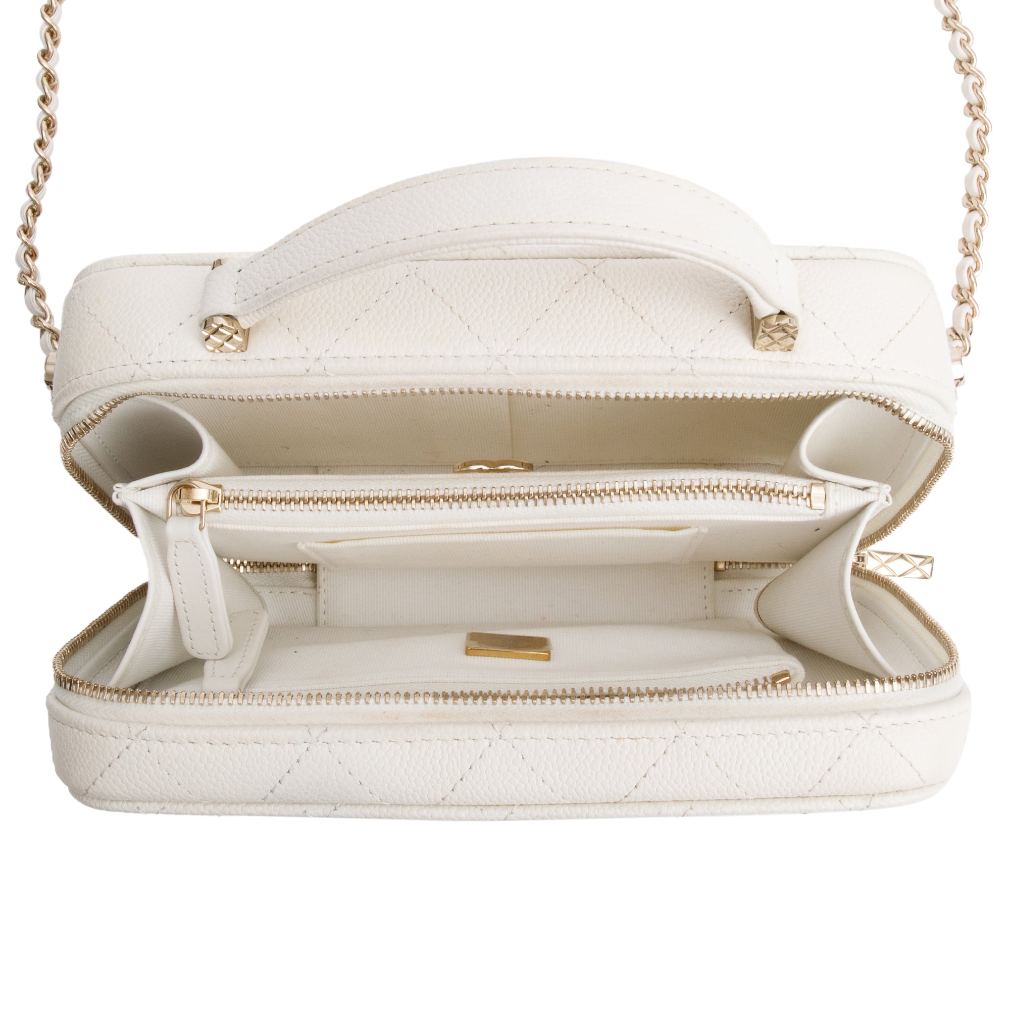 Chanel 2022 White Caviar Leather Small Top Handle Vanity Case w/ Chain